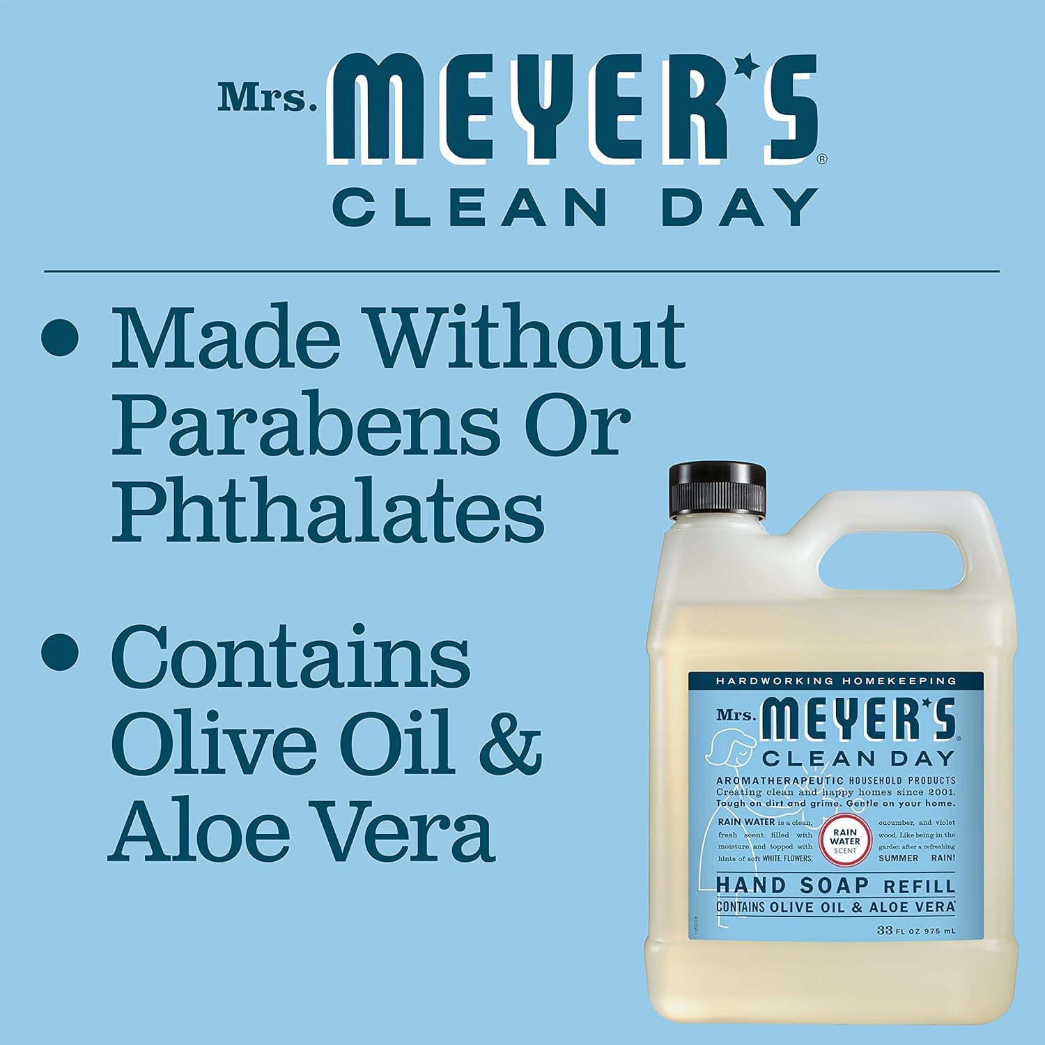 Mrs. Meyer's Clean Day refill label closeup notes cruelty-free and paraben-free qualities.
