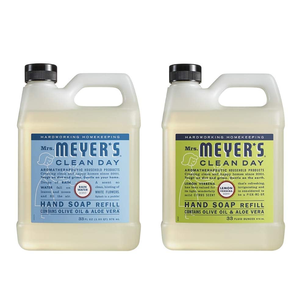 Mrs. Meyer's Clean Day Lemon Verbena refill bottle shows fresh citrus scent for daily cleansing.