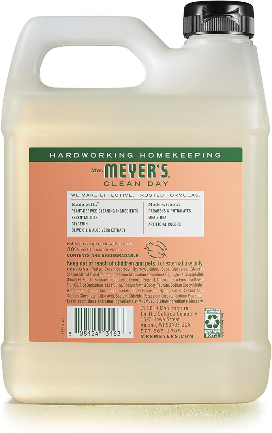 Mrs. Meyer's Clean Day hand soap refill on sink with geranium aroma