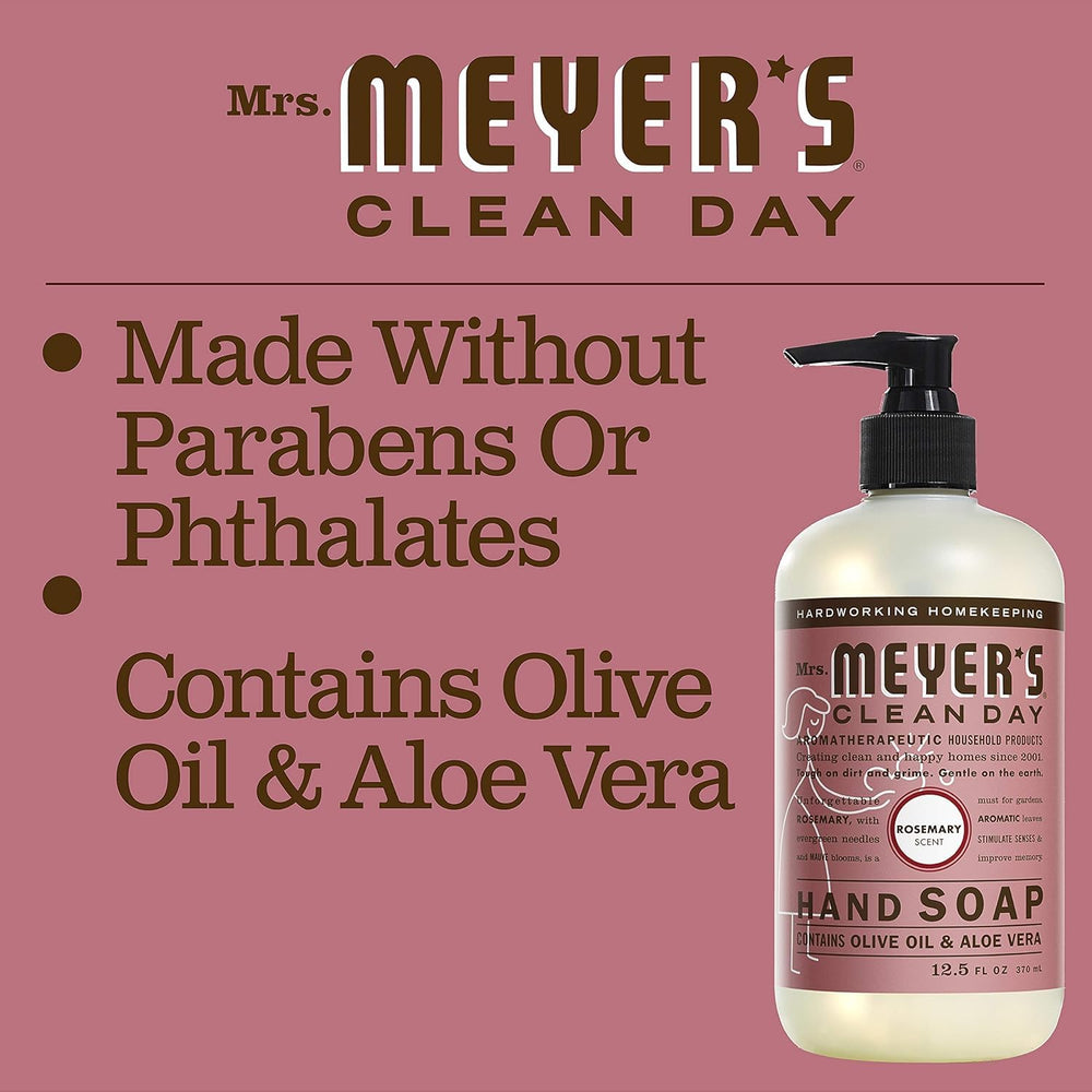 Mrs. Meyer's Rosemary soap bottle close-up highlighting olive oil for hydration