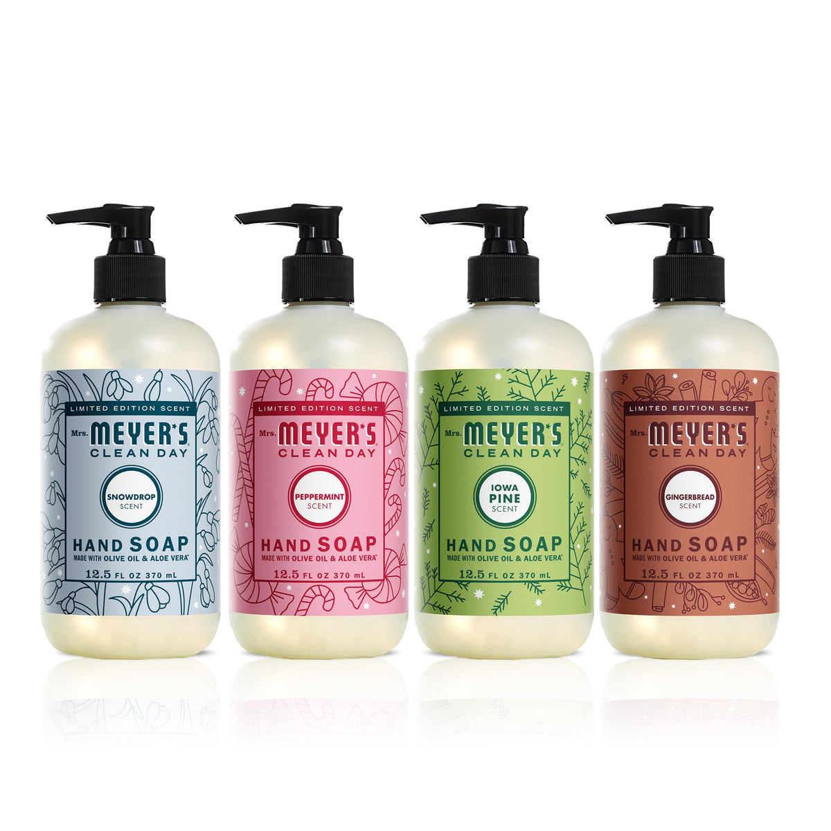 Mrs. Meyer's Clean Day Holiday Hand Soap Set pump bottle offers gentle cleansing with nourishing oils
