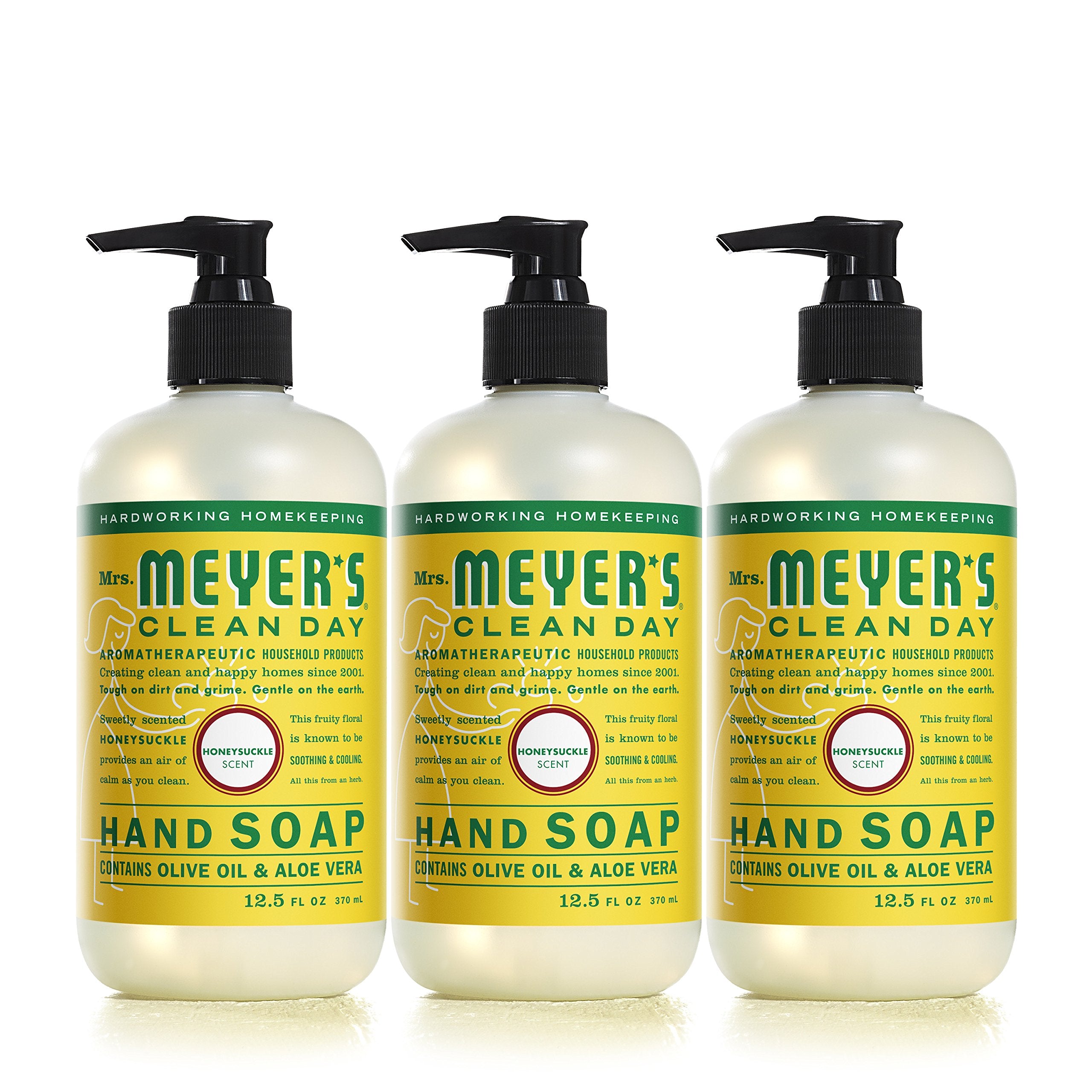 Mrs. Meyer's Clean Day Honeysuckle hand soap bottle closeup shows rich lather for daily washing.