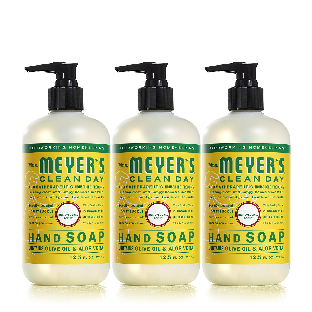 Mrs. Meyer's Clean Day Honeysuckle hand soap bottle closeup shows rich lather for daily washing.