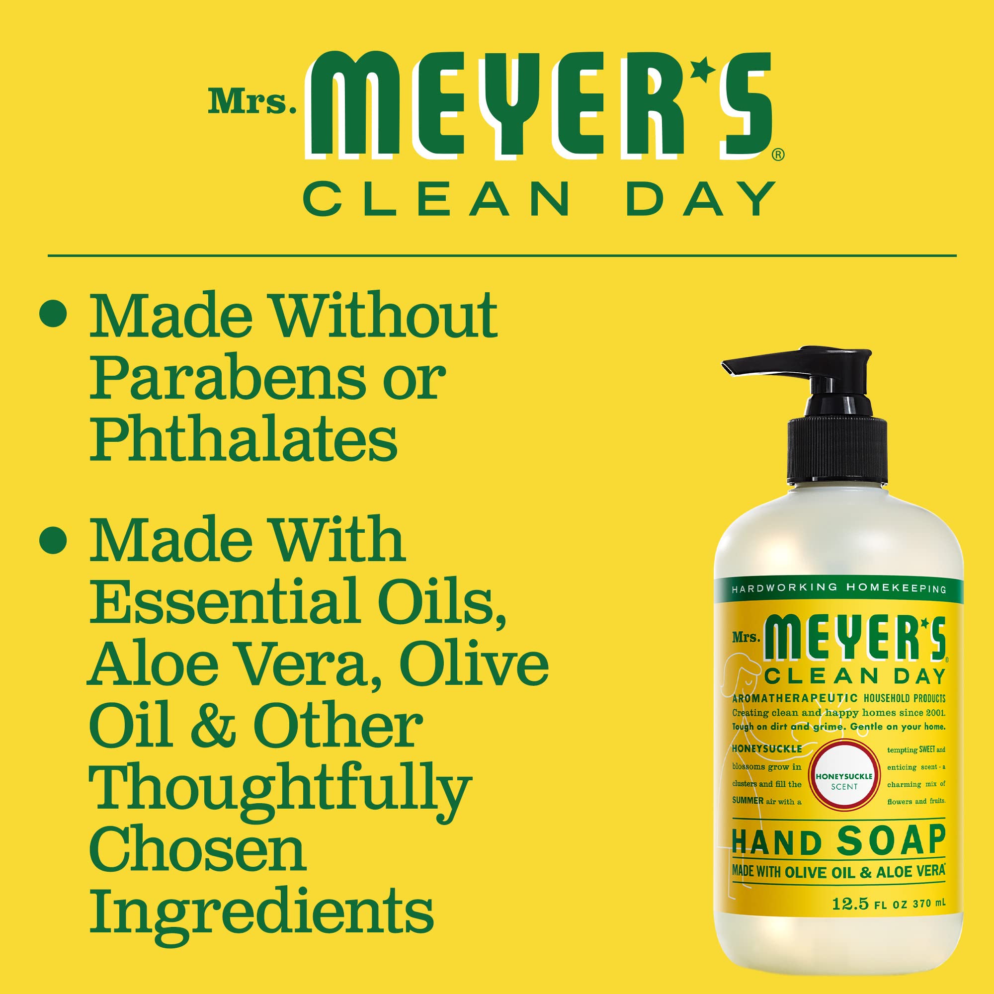 Mrs. Meyer's Clean Day Honeysuckle hand soap pack-trio display emphasizes convenient three-pack.