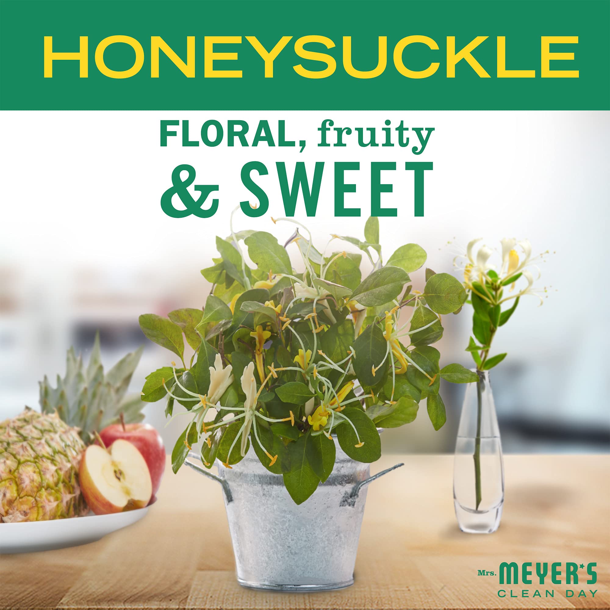 Mrs. Meyer's Clean Day Honeysuckle label with ingredients highlights essential oils and gentle formula.