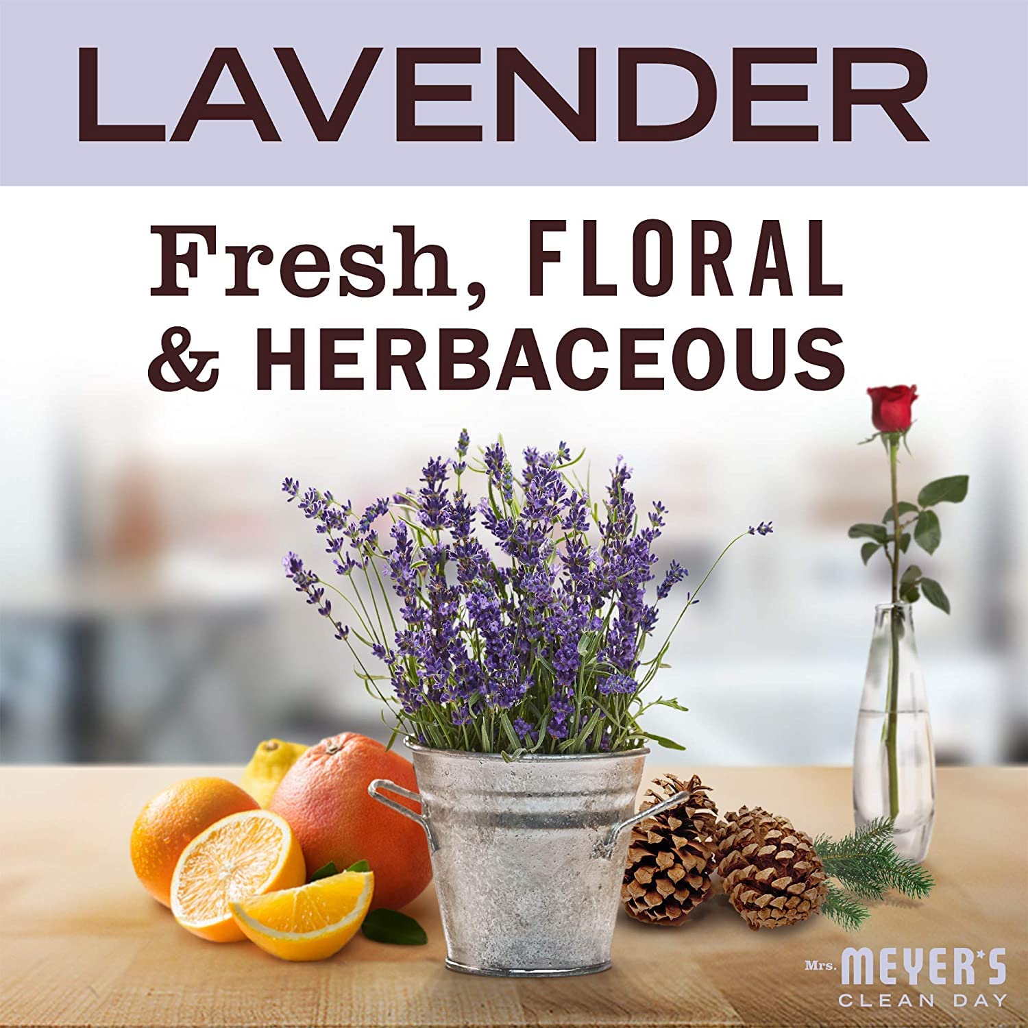 Mrs. Meyer's Clean Day Lavender refill bottle close-up, offering a calming aroma during handwashing