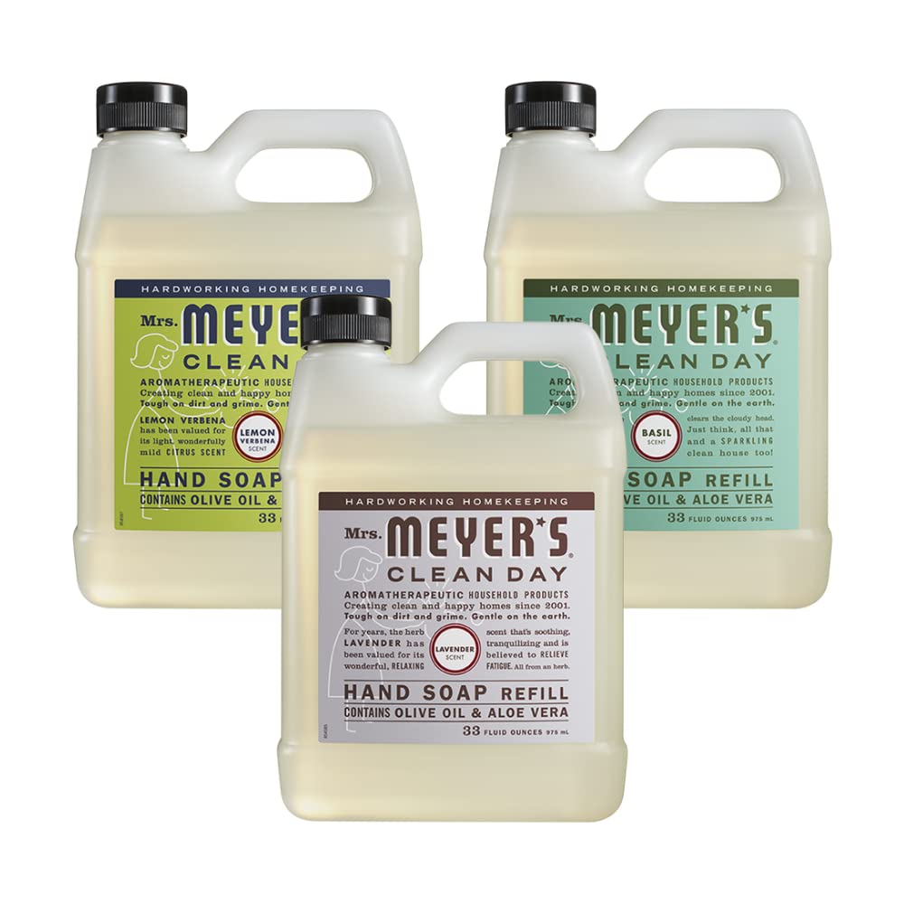 Mrs. Meyer's Clean Day Lemon Verbena refill bottle close-up with refreshing citrus scent for hands