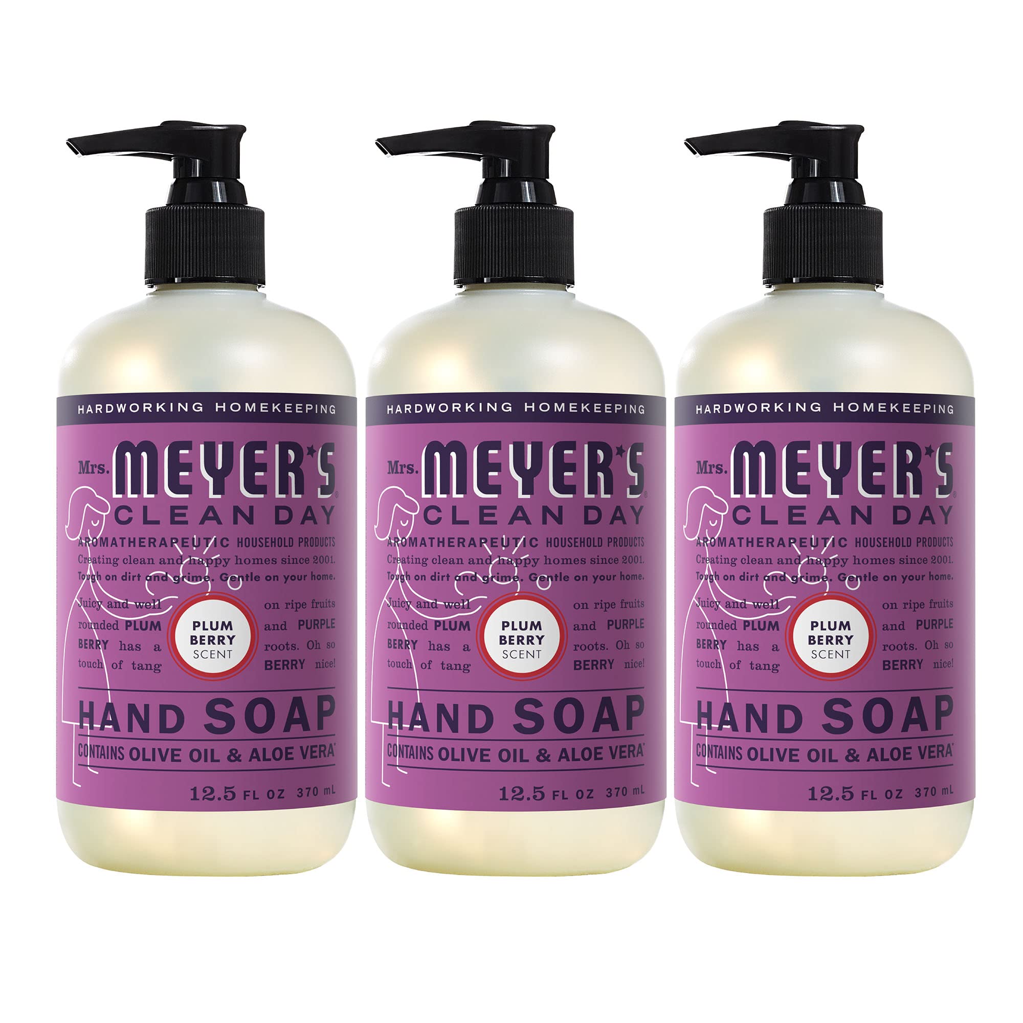 Mrs. Meyer's Clean Day Plum Berry hand soap bottle with a moisturizing, non-drying formula.