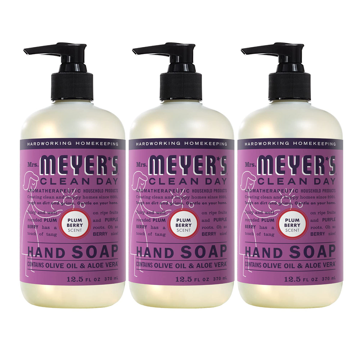 Mrs. Meyer's Clean Day Plum Berry hand soap bottle with a moisturizing, non-drying formula.