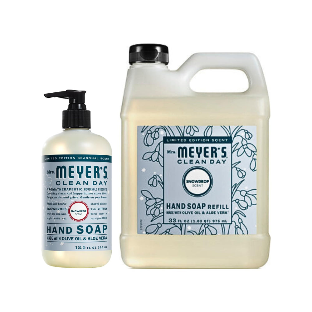 Mrs. Meyer's Clean Day Snowdrop refill 33oz bottle supports eco-friendly refills with fresh fragrance.