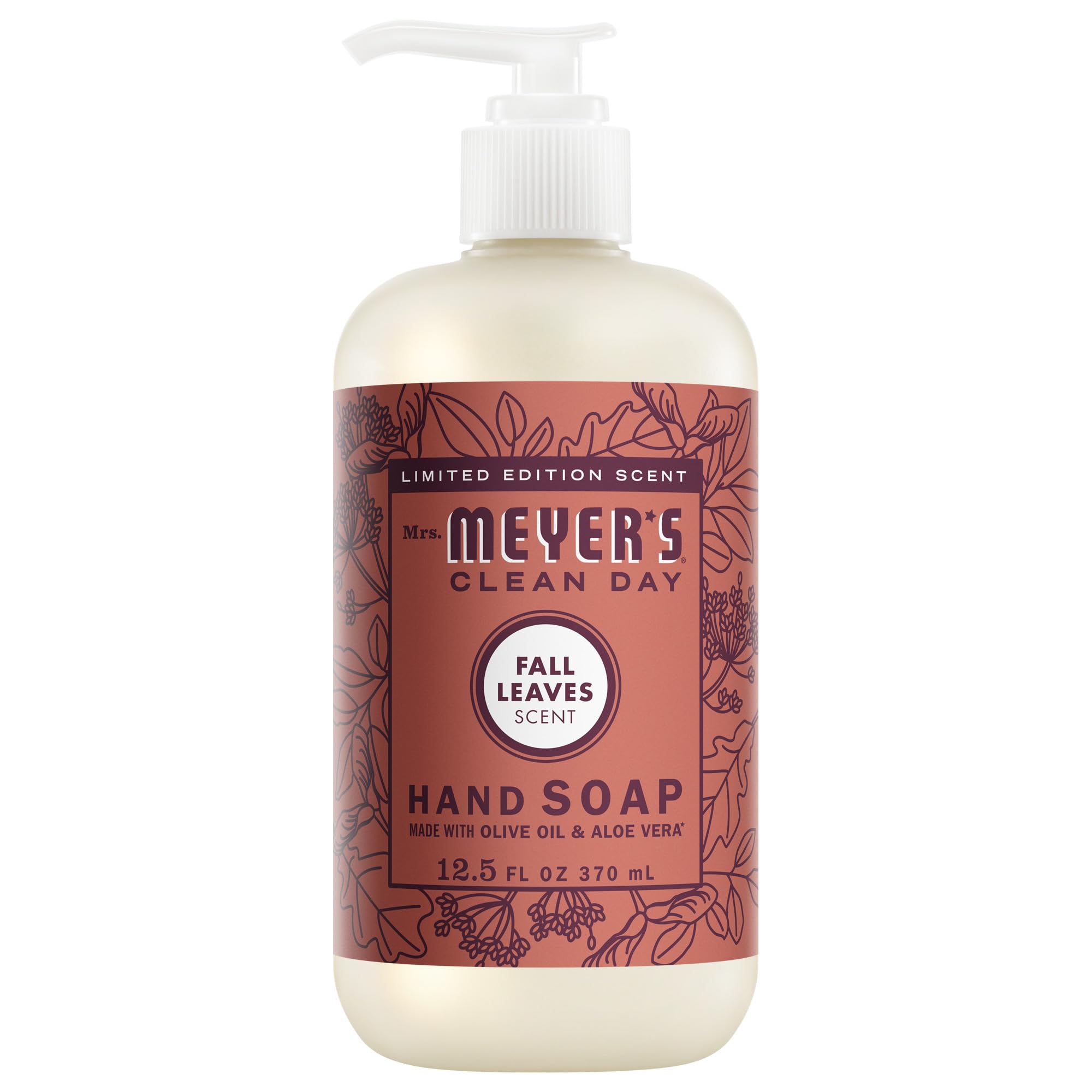 Mrs. MEYER'S front bottle showing Fall Leaves scent and clear label, adds seasonal charm