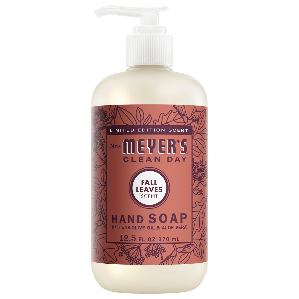 Mrs. MEYER'S front bottle showing Fall Leaves scent and clear label, adds seasonal charm