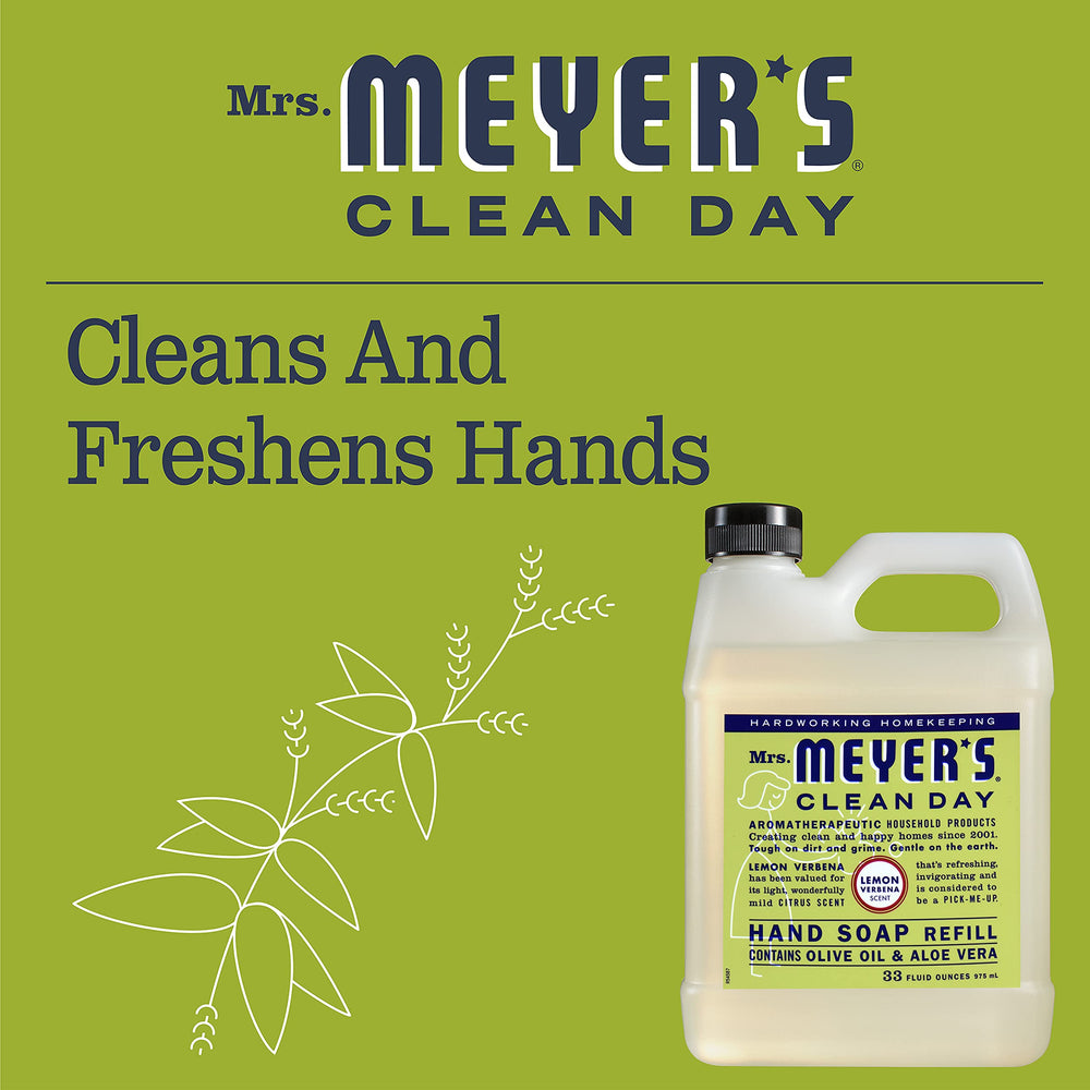 Mrs. Meyer's hand soap bottle in-use illustrating moisturizing clean.