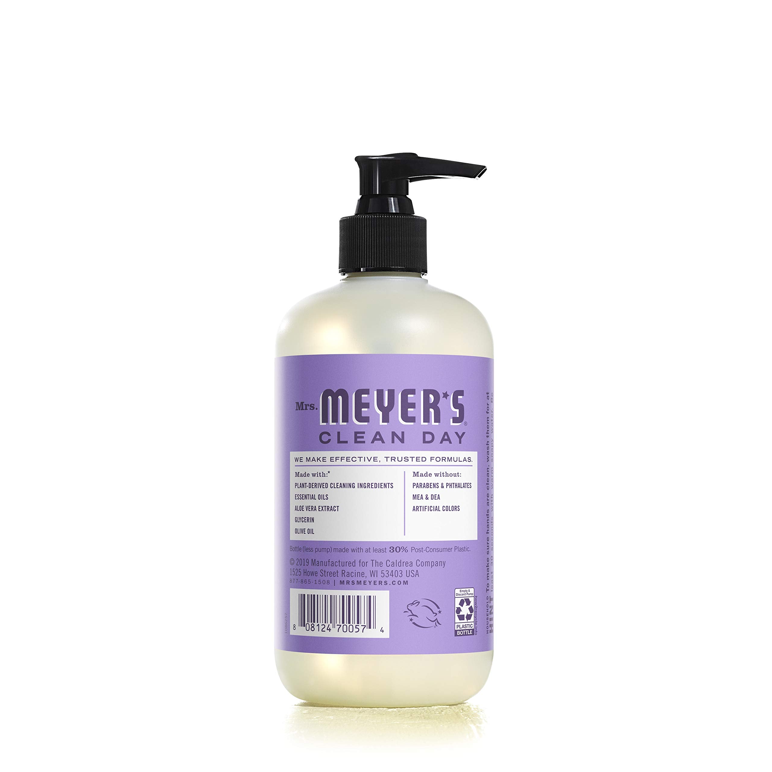 Mrs. Meyer's hand soap pour shows rich lather from olive oil and aloe vera.