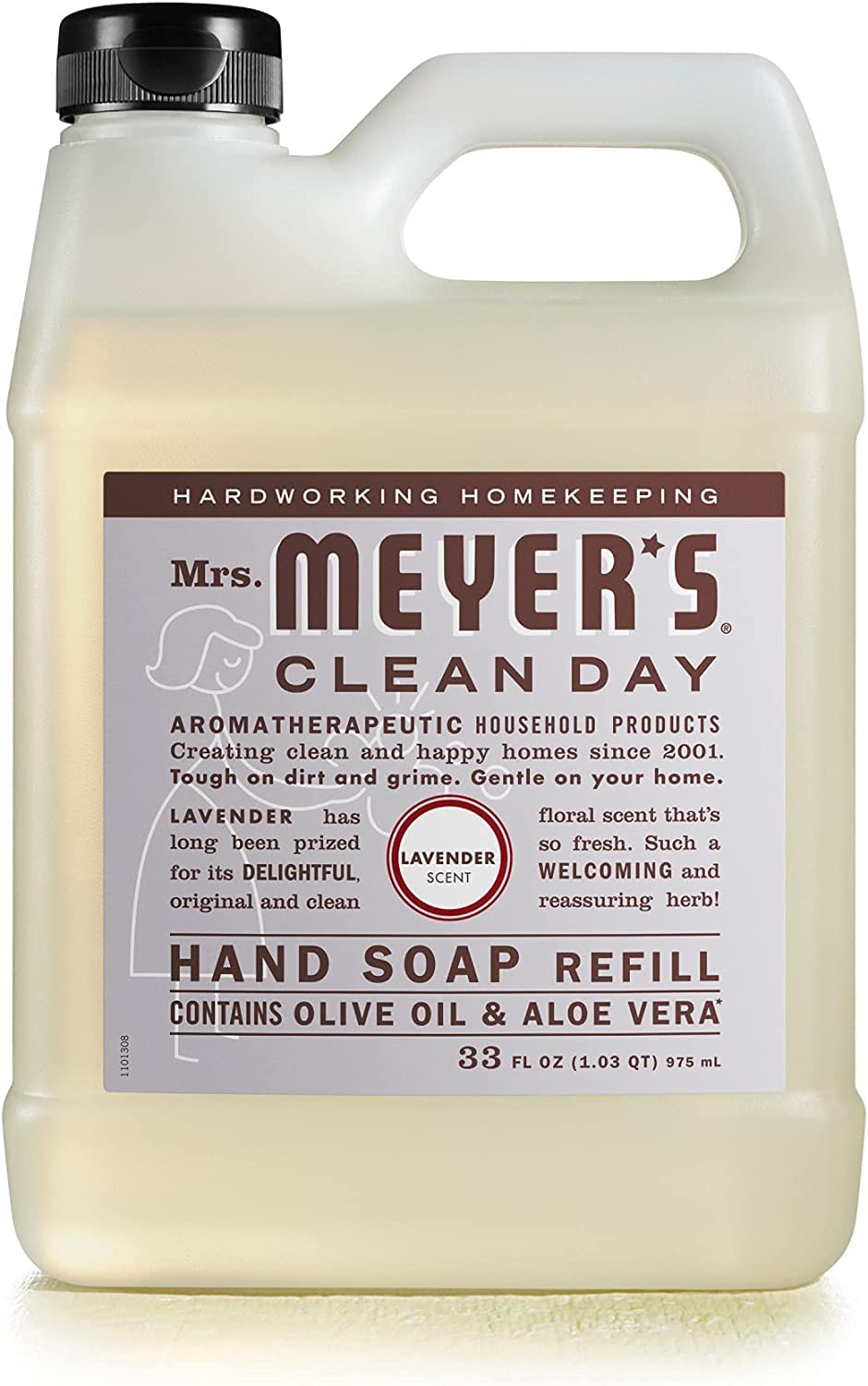 Mrs. Meyer's Lavender liquid hand soap bottle with calming notes
