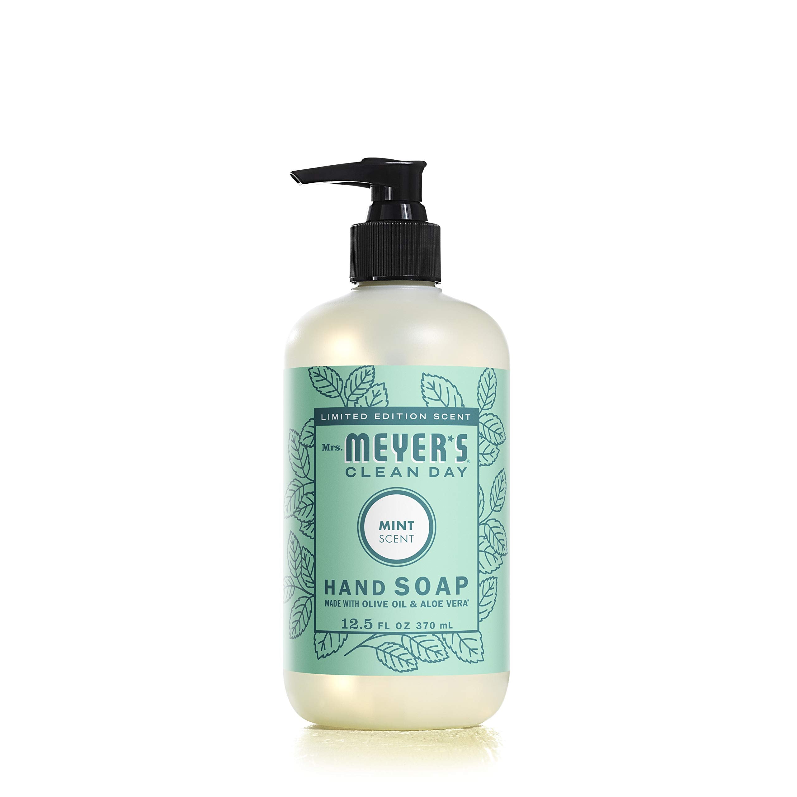 Mrs. Meyer's Mint hand soap bottle delivers crisp, energizing scent for quick hand refresh.