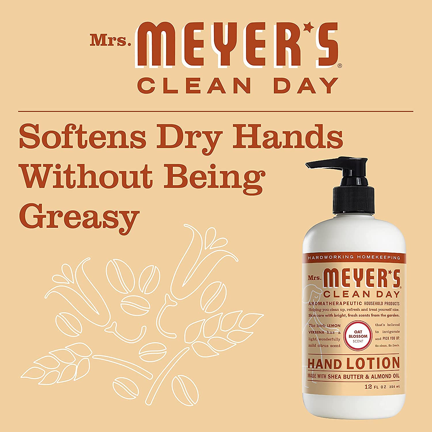 Mrs Meyer's Oat Blossom Hand Lotion hands applying lotion after washing show soothing hydration and soft skin.