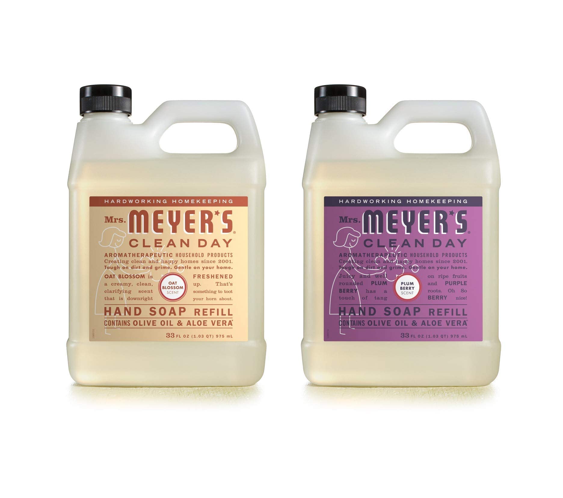 Mrs. Meyer's Oat Blossom hand soap bottle showing softening cleanse with olive oil and aloe
