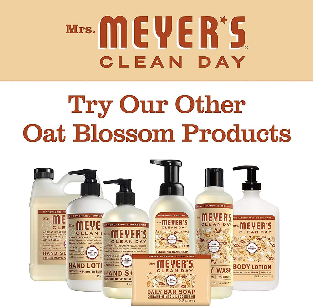 Mrs. Meyer's Oat Blossom recycled packaging shot promotes sustainable refill options.