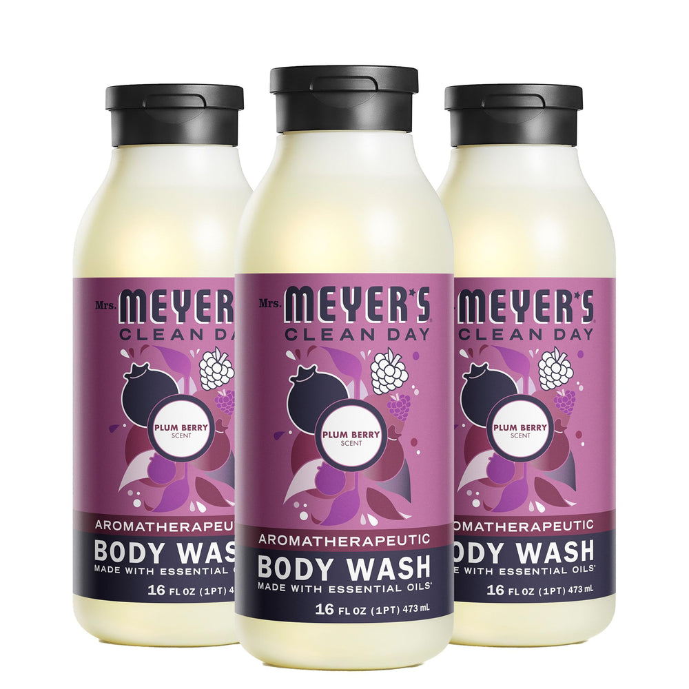 Mrs. Meyer’s Plum Berry body wash bottle ready for a refreshing, skin-softening shower