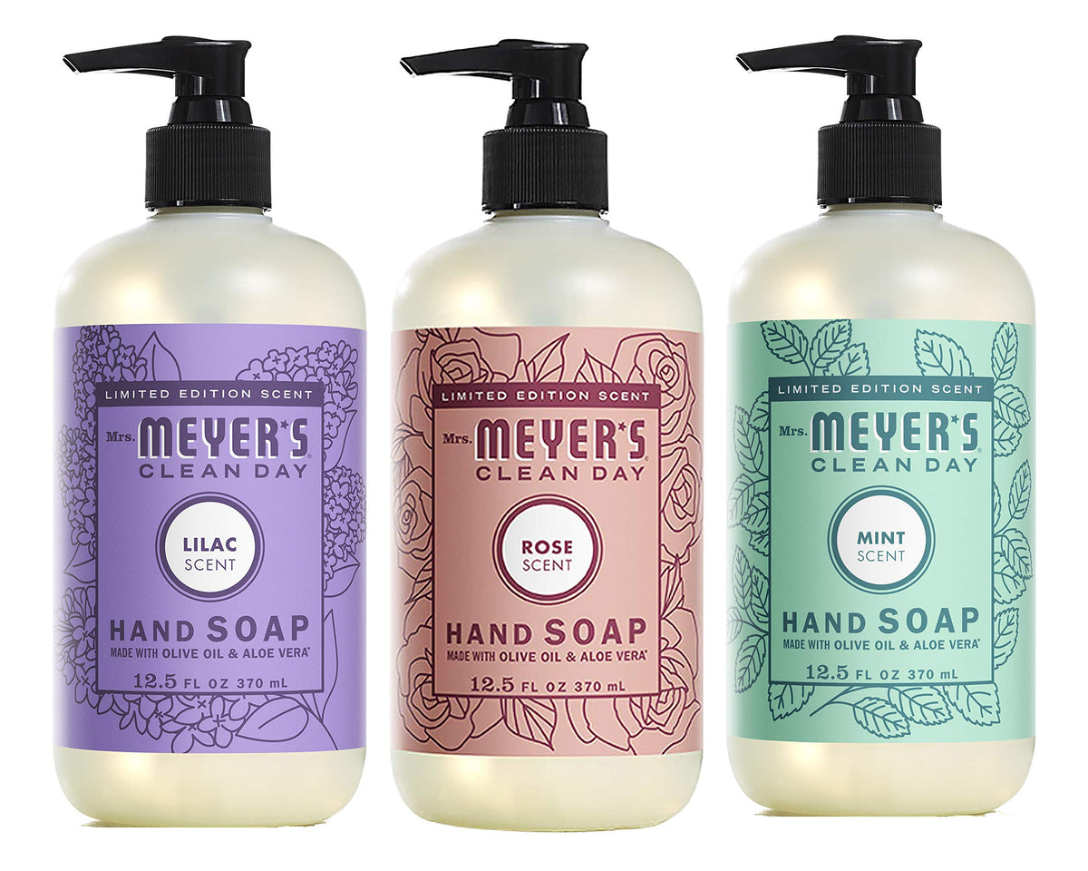 Mrs. Meyer's Rose hand soap bottle with bright floral scent for refreshing handwashing.