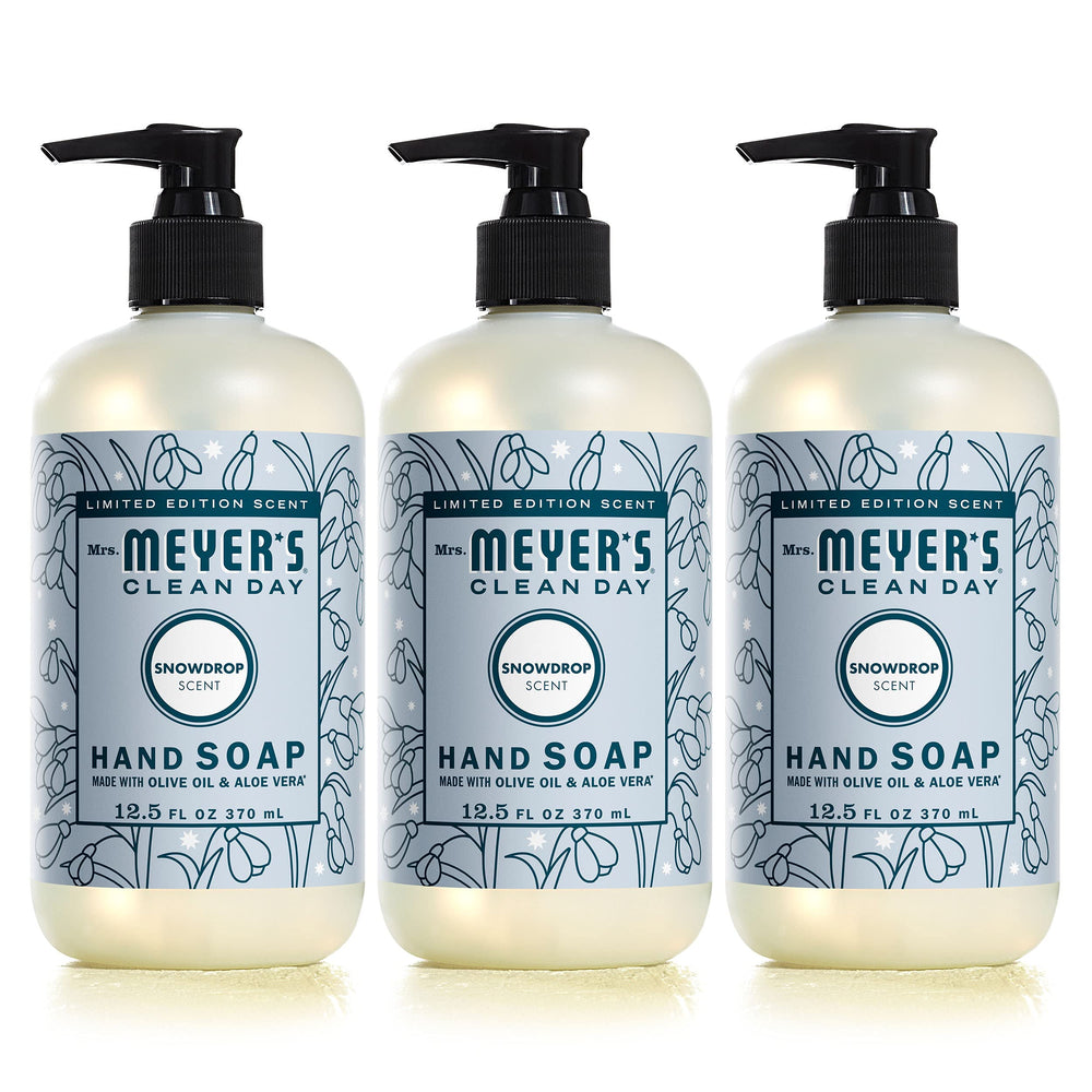 Mrs. Meyer’s Snowdrop hand soap bottle closeup highlighting seasonal scent and moisturizing formula.