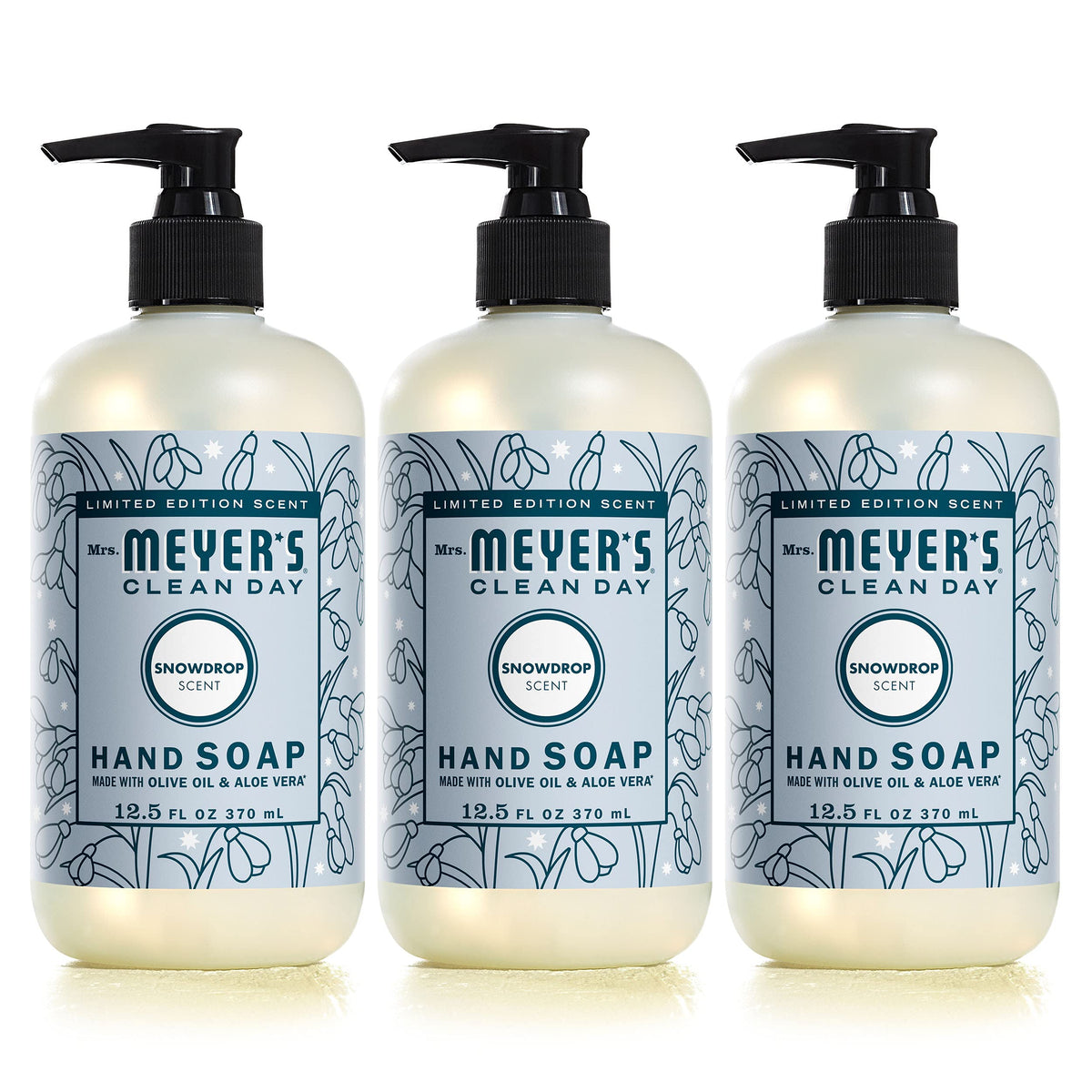 Mrs. Meyer’s Snowdrop hand soap bottle closeup highlighting seasonal scent and moisturizing formula.