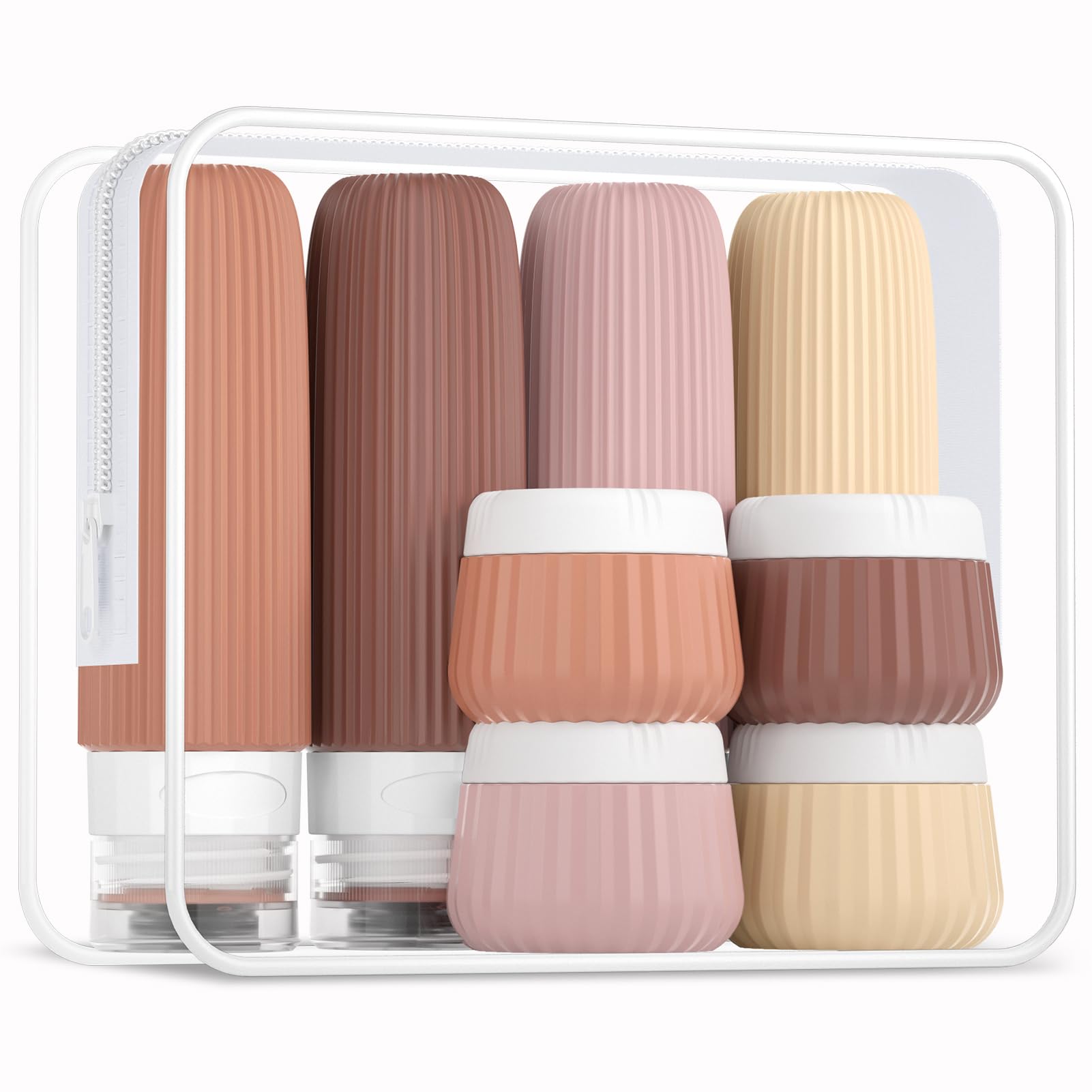 Mrsdry travel bottles 8-pack set with leak-proof silicone squeezers in clear makeup bag for secure luggage.