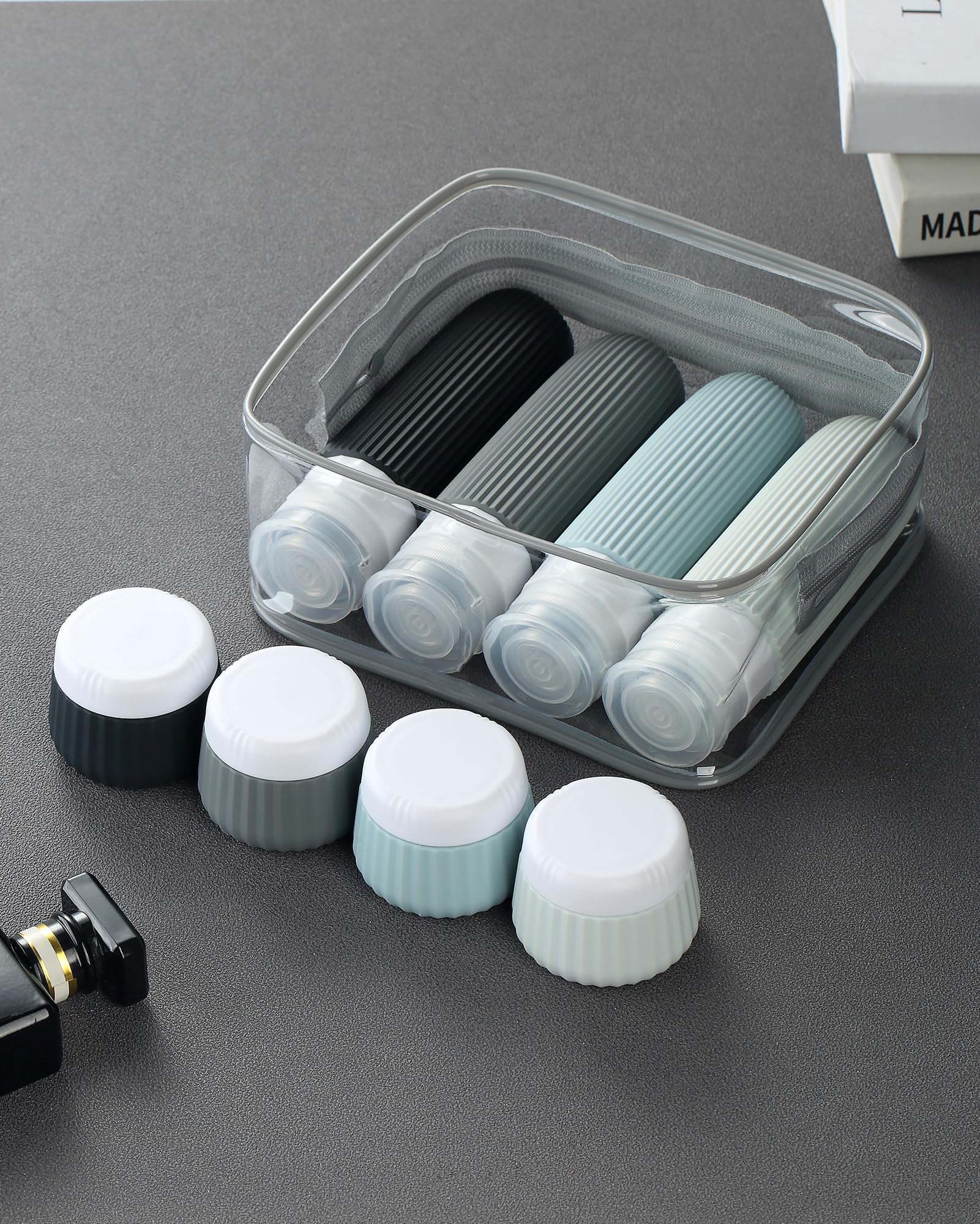 Mrsdry travel set tucked in a clear makeup bag for flights.