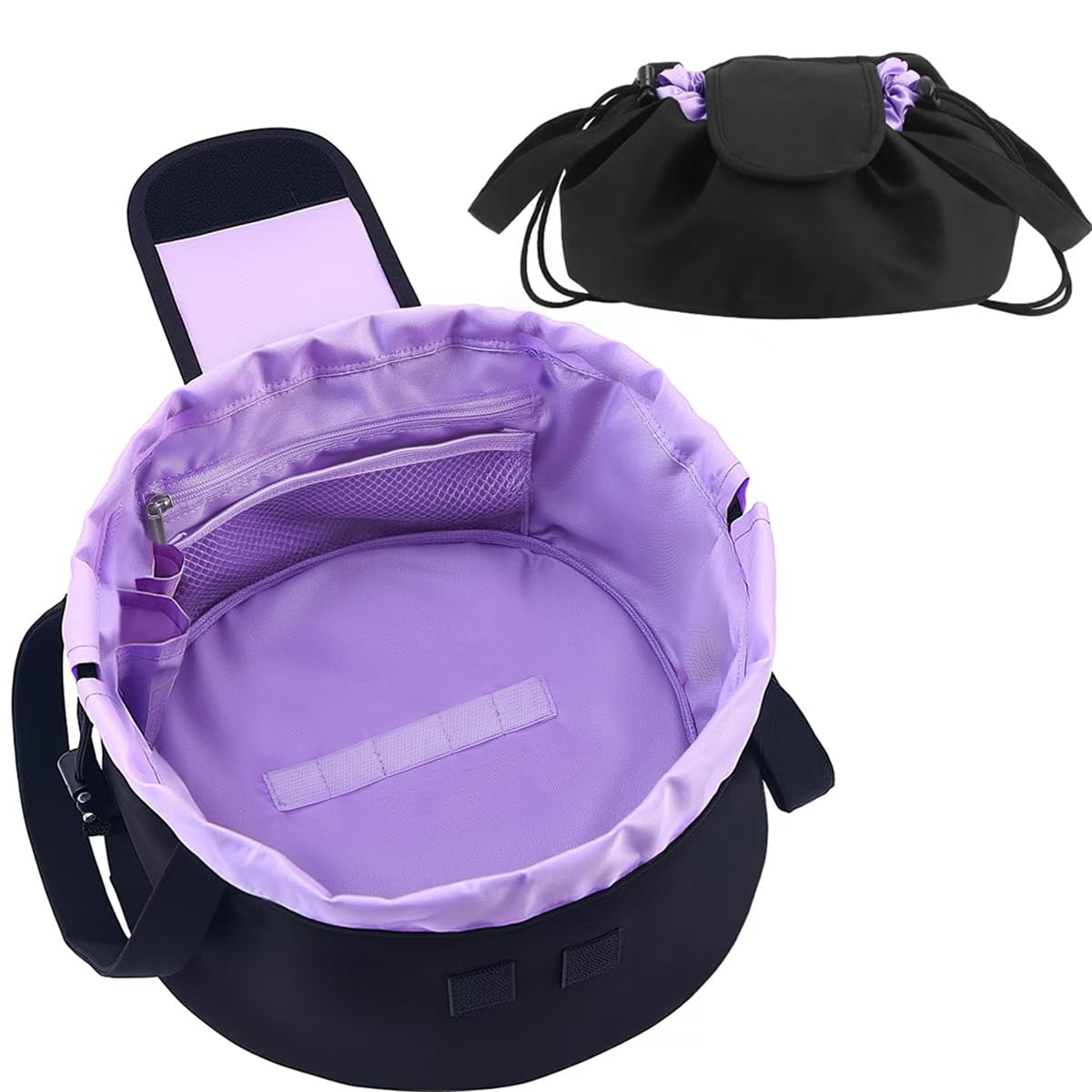 Mrsfox lay-flat bag open in purple, highlighting roomy cosmetics and brush storage.