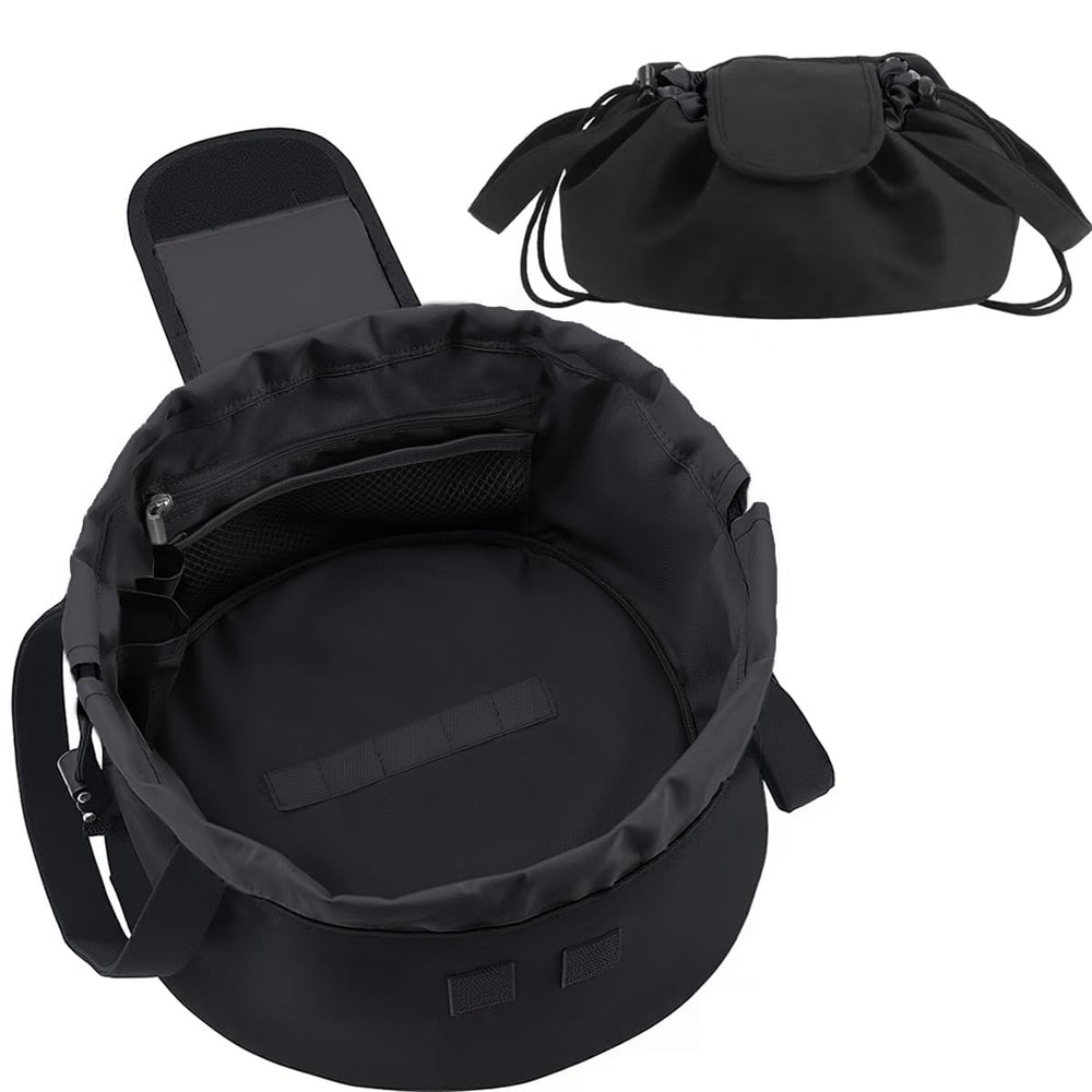 Mrsfox lay-flat drawstring bag open for quick makeup access on the go.