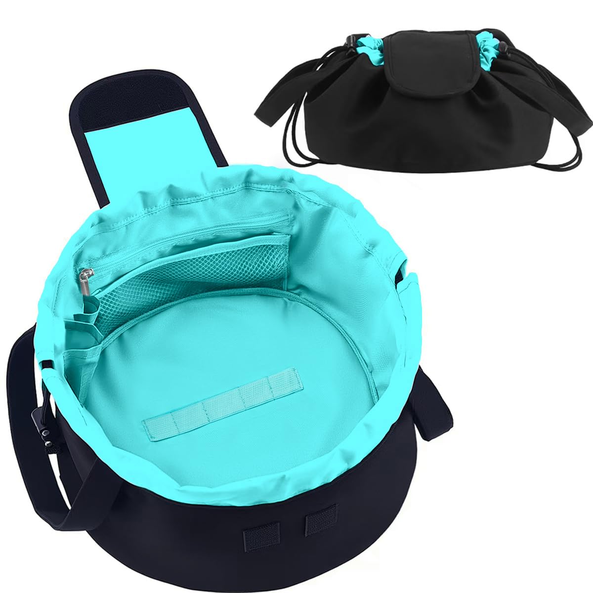 Mrsfox Lay Flat Drawstring Makeup Bag opens flat for easy makeup access.