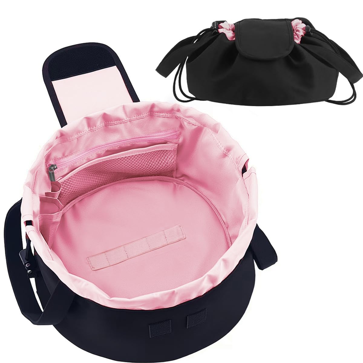 Mrsfox lay flat drawstring makeup bag pink front view showcases portable, travel-ready organization