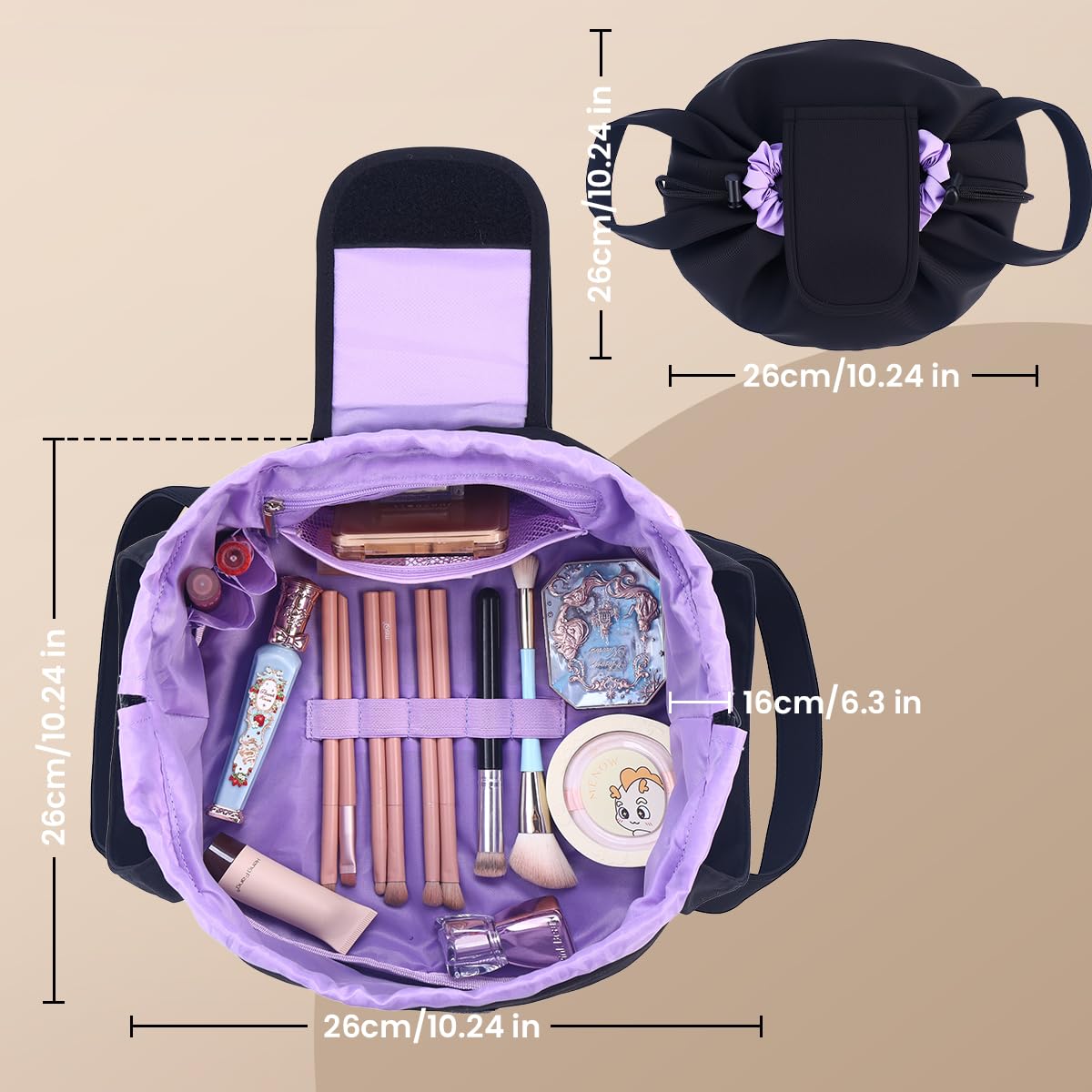 Mrsfox travel toiletry bag with pockets shows organized skincare and cosmetics.
