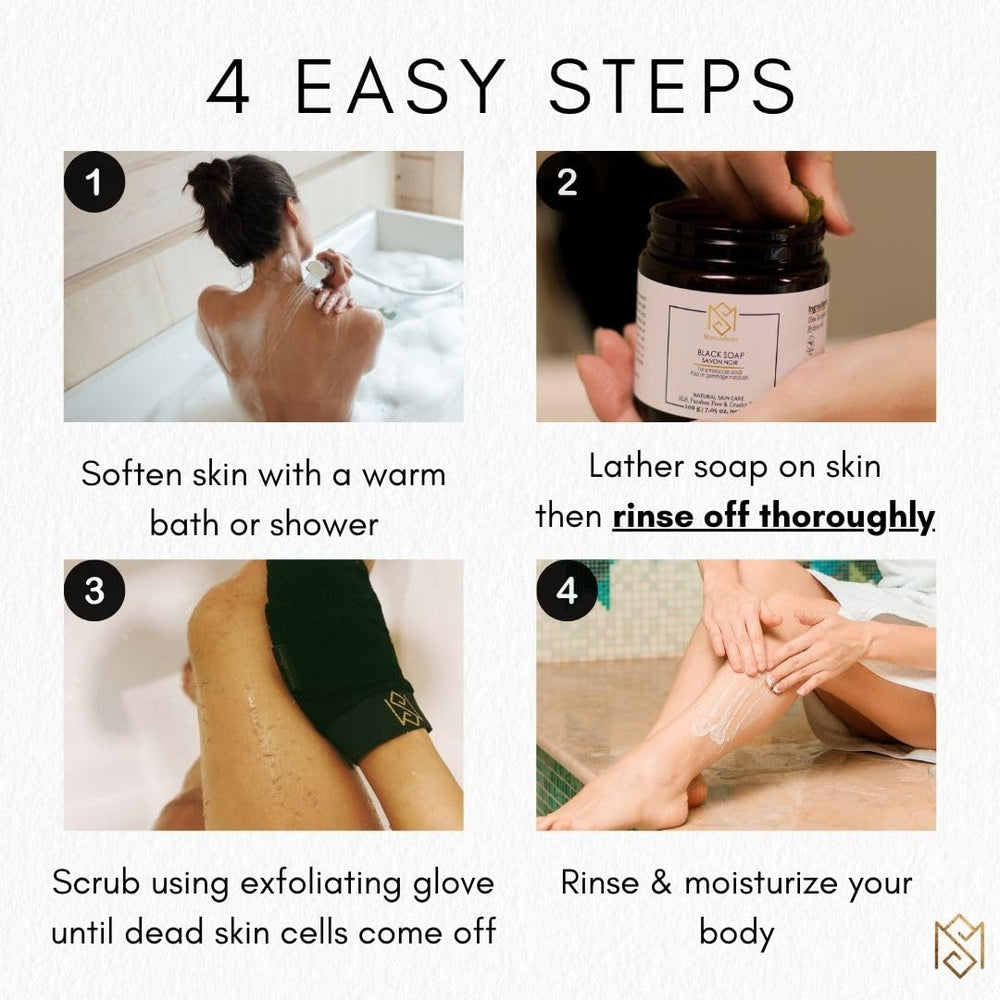 MS Exfoliating Glove closeup with soap demonstrates preparation for silky skin and smoother absorption