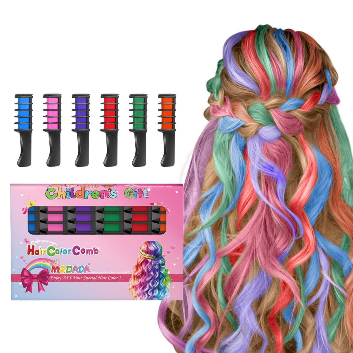 MSDADA new hair chalk comb unboxing with colorful options for kids' styling.