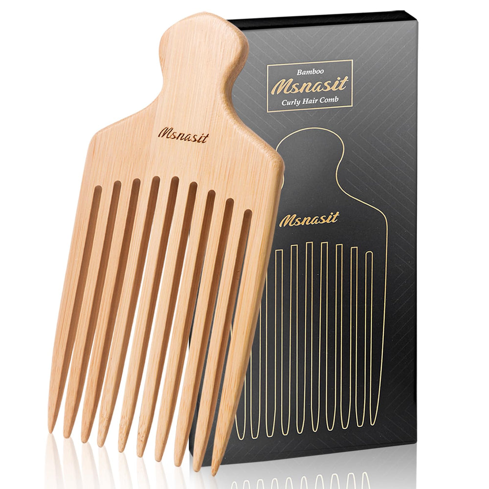 Msnasit bamboo hair pick close-up detangle action for gentle curl lift and volume.