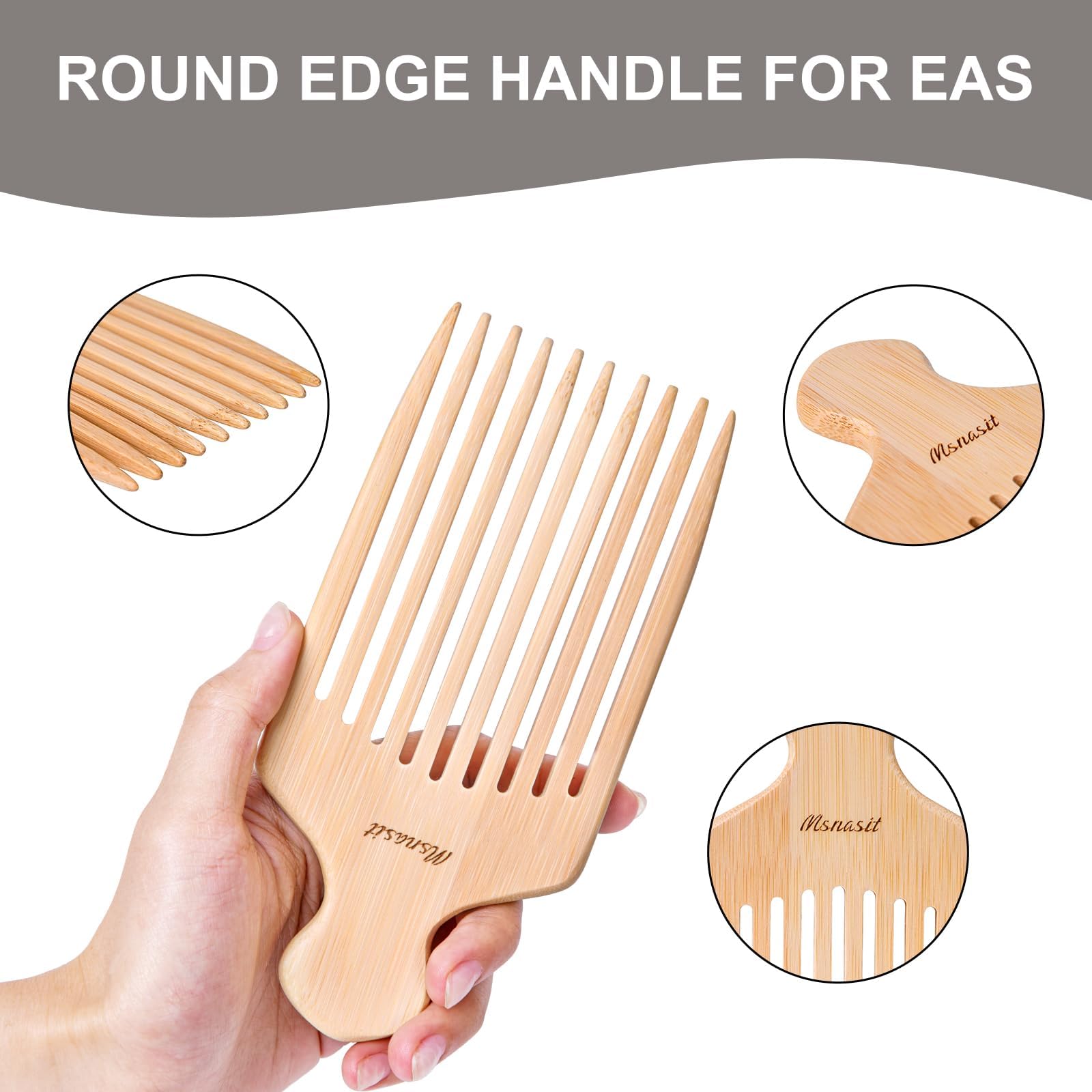 Msnasit bamboo hair pick demonstrates portable, travel-friendly design for on-the-go grooming.