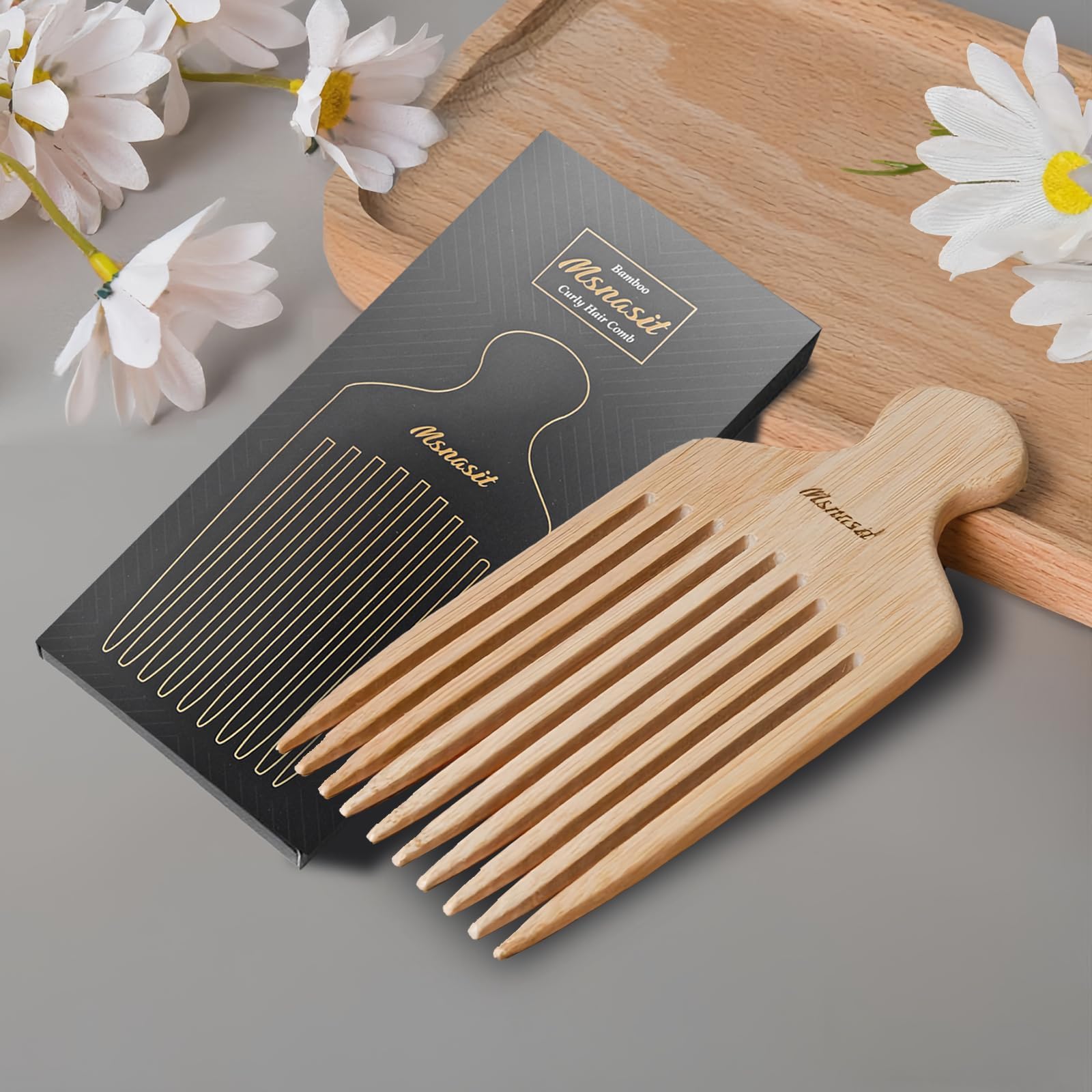 Msnasit beard and hair pick shown for versatile beard grooming and curly hair shaping.