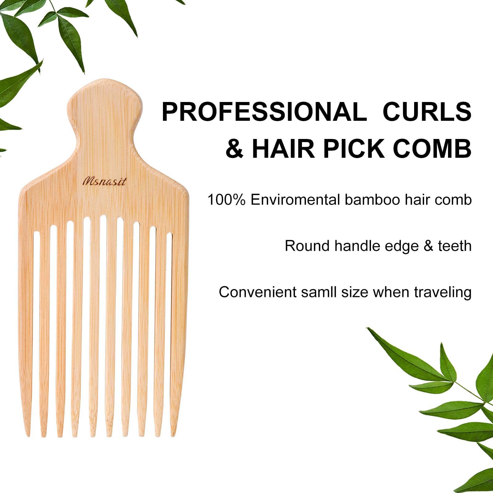 Msnasit wooden wide-tooth comb with ergonomic handle for easy styling and grip.