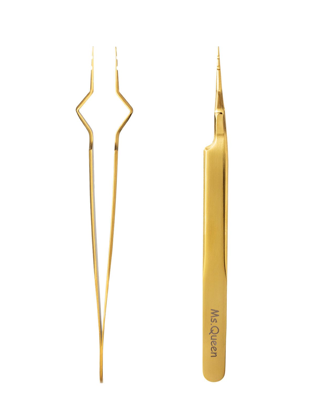 Ms.Queen isolation tweezers gold close-up for precise lash separation and smooth grafting.