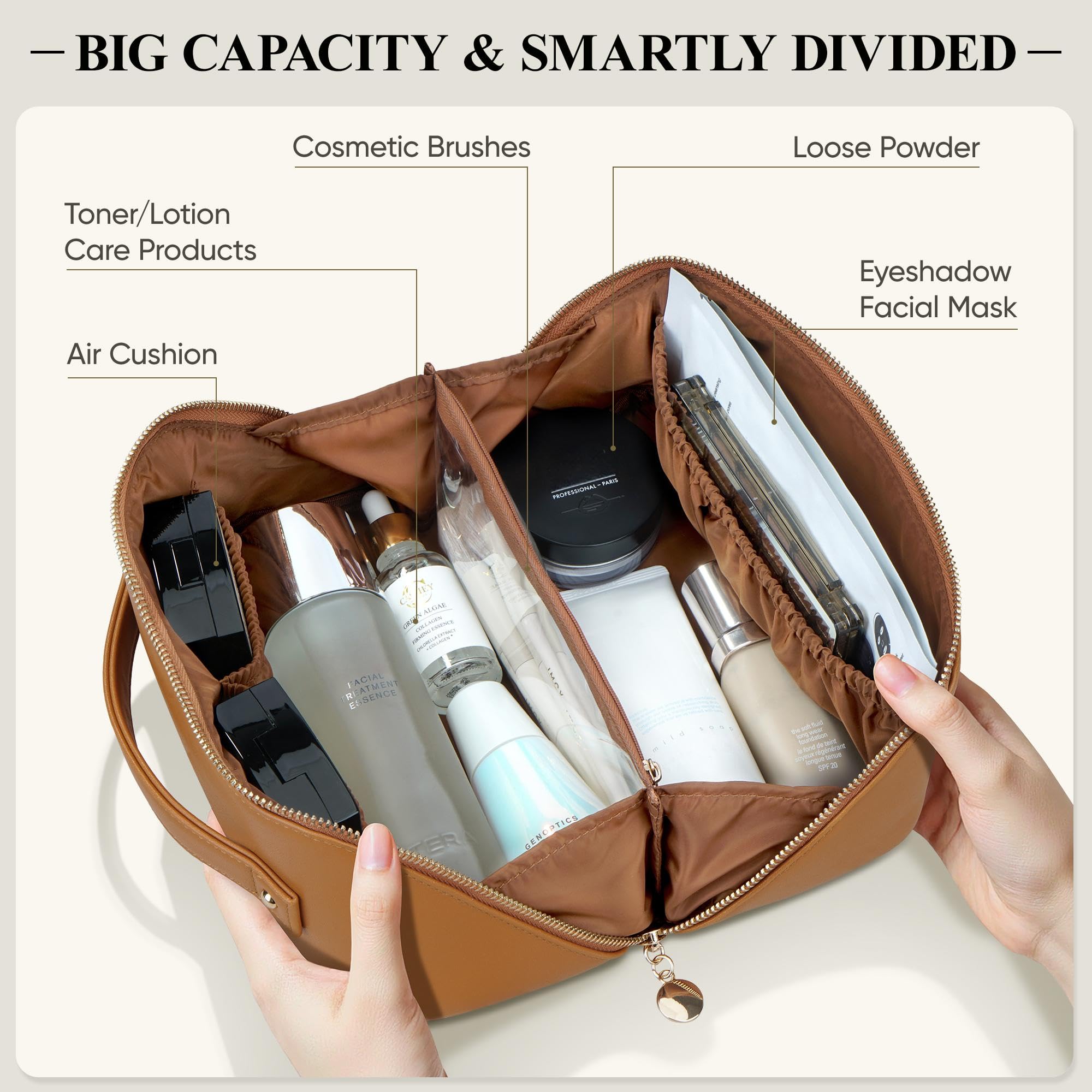 MSTONAL large-capacity bag with open-flat design for easy makeup access during travel.