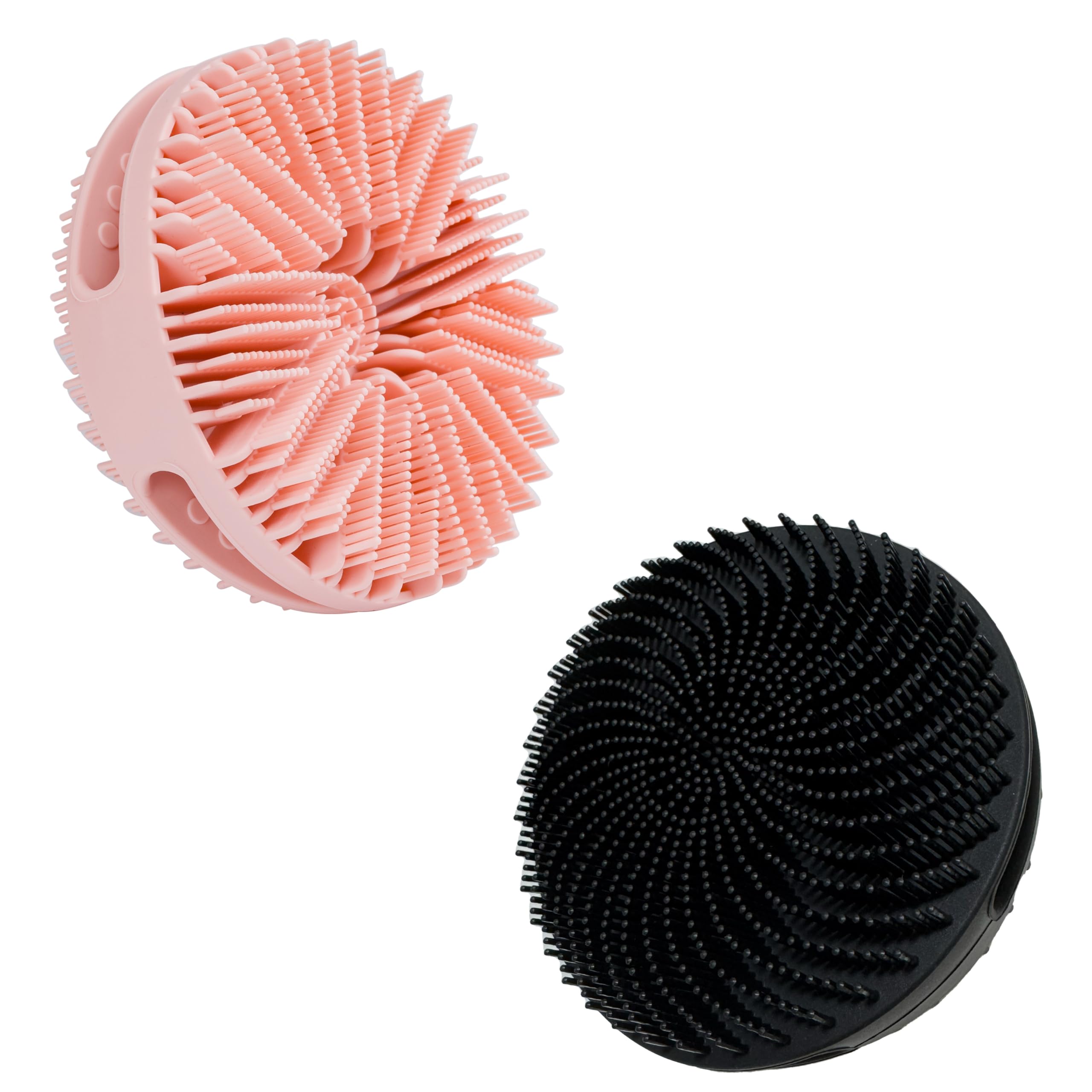 MtBoi 2pc silicone exfoliating body scrubber set in pink and black for gentle cleansing.