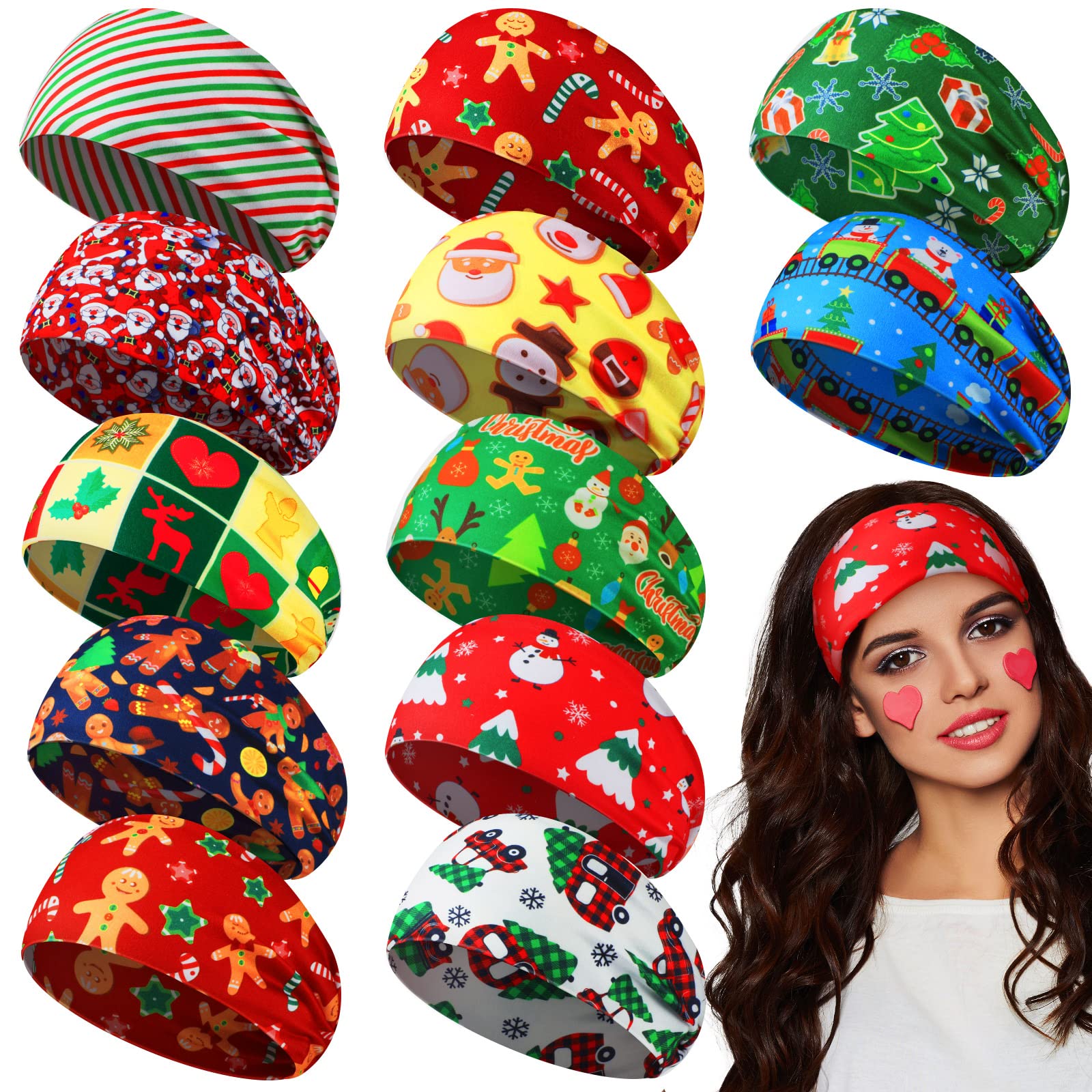MTLEE Christmas stretchy headbands showcase varied patterns for everyday festive styling.