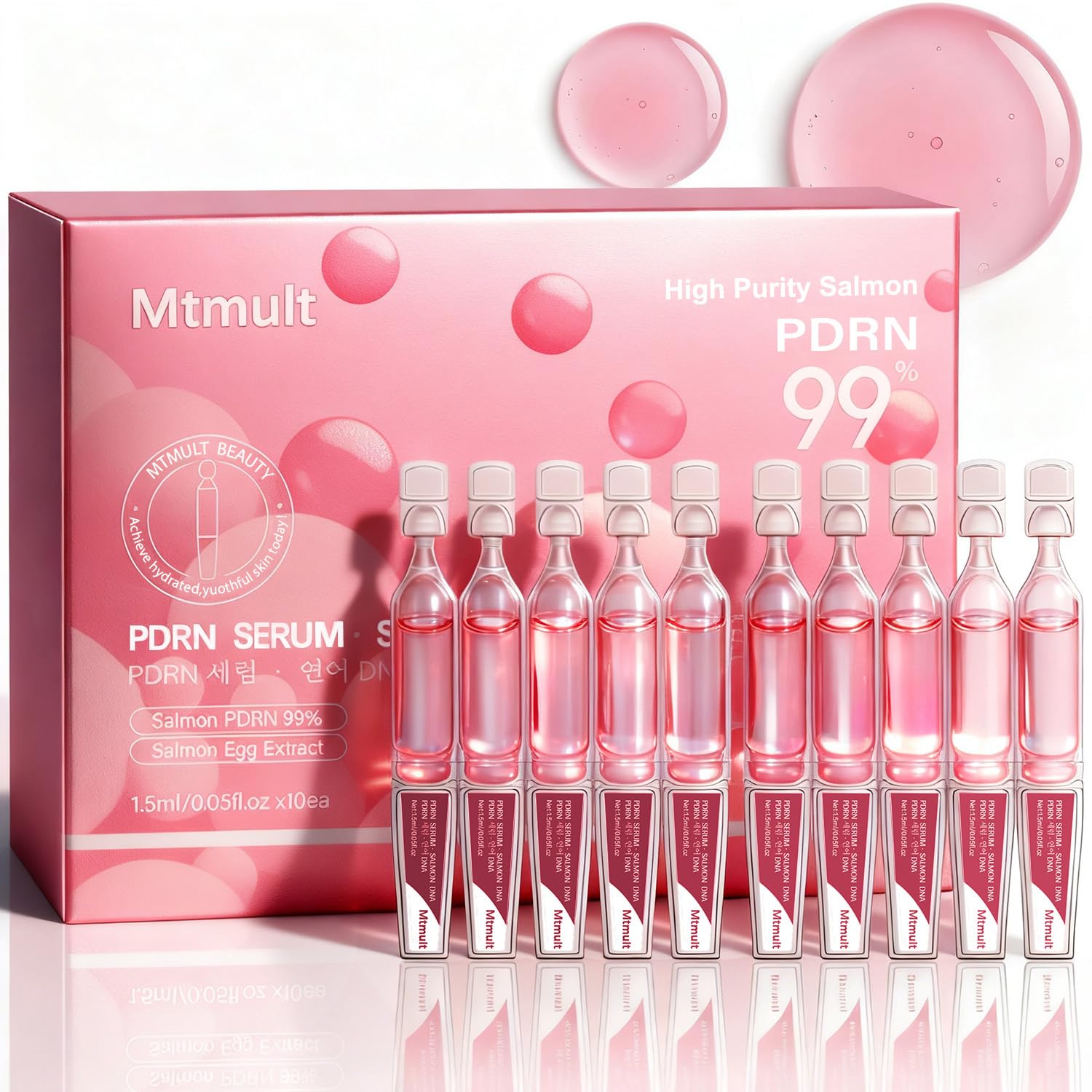 MTMULT Salmon PDRN Serum bottle close-up shows premium packaging and skin-supporting hydration