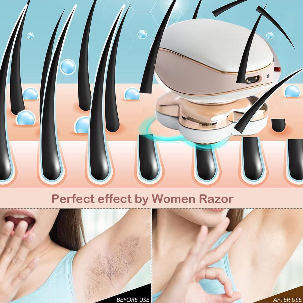 Muflylee four-blade head provides close, efficient hair removal.