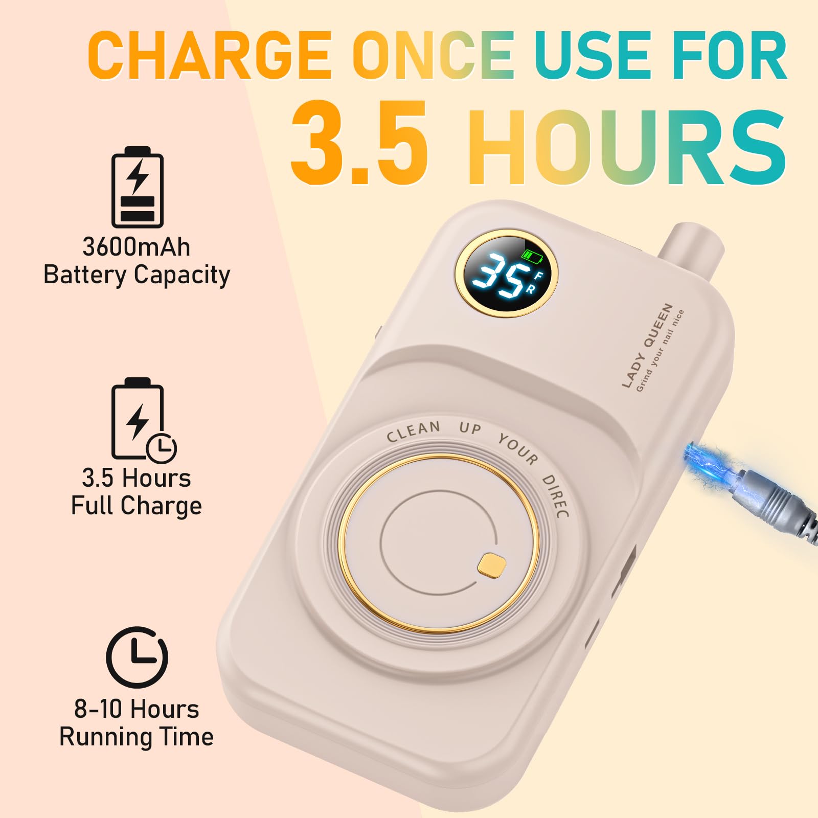 Mugle rechargeable nail drill display battery level for planning sessions