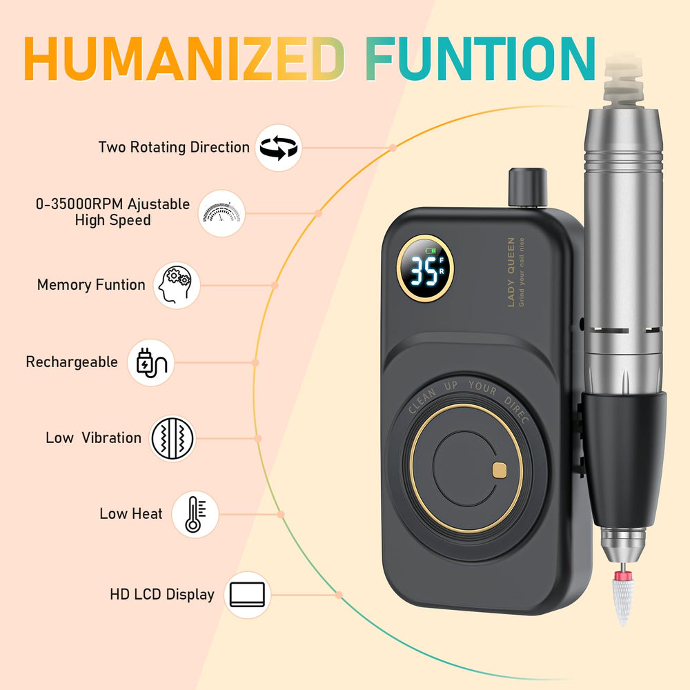 MUGLE portable nail drill battery-life display emphasizes long cordless sessions