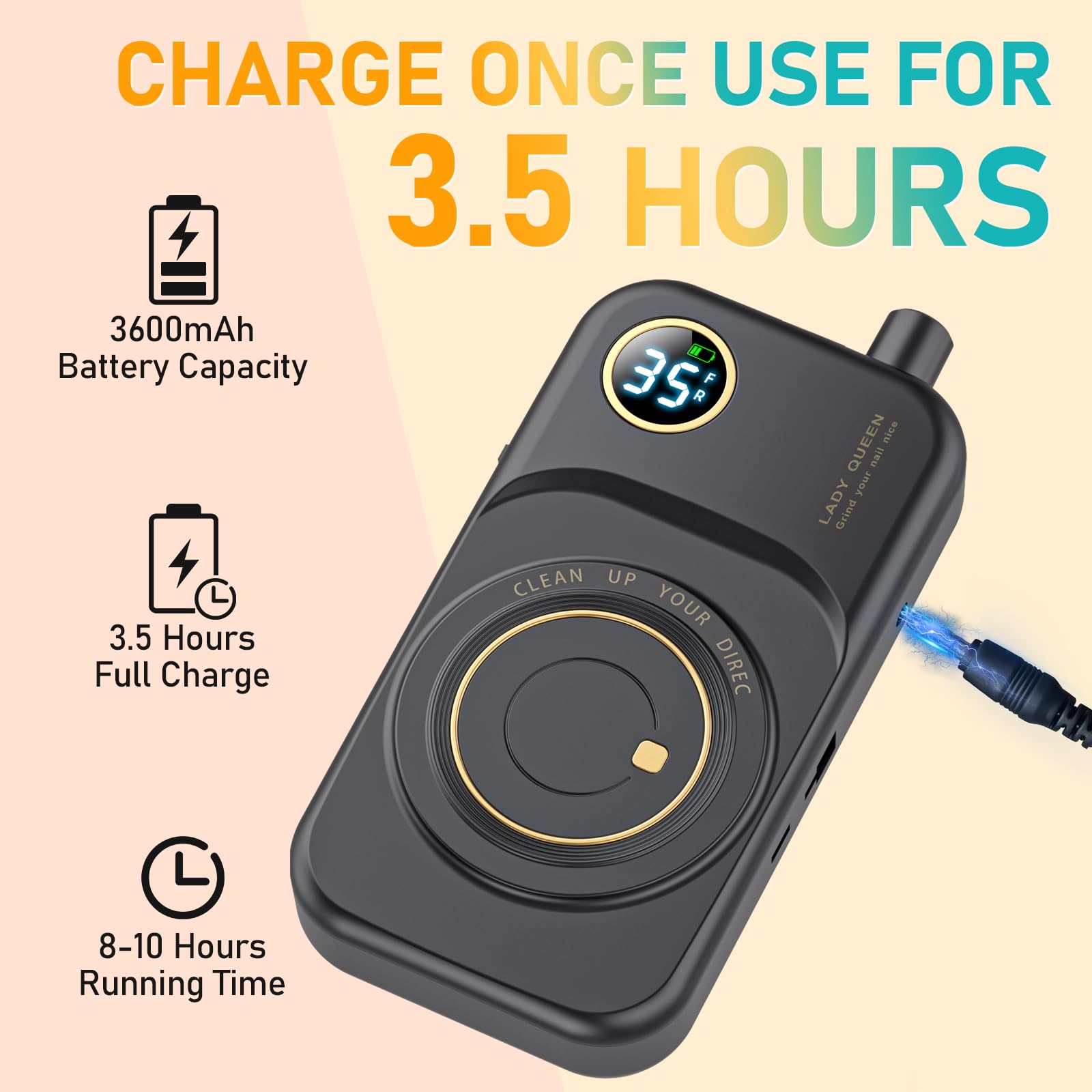 MUGLE portable nail drill LCD display highlights speed and battery level for easy adjustments