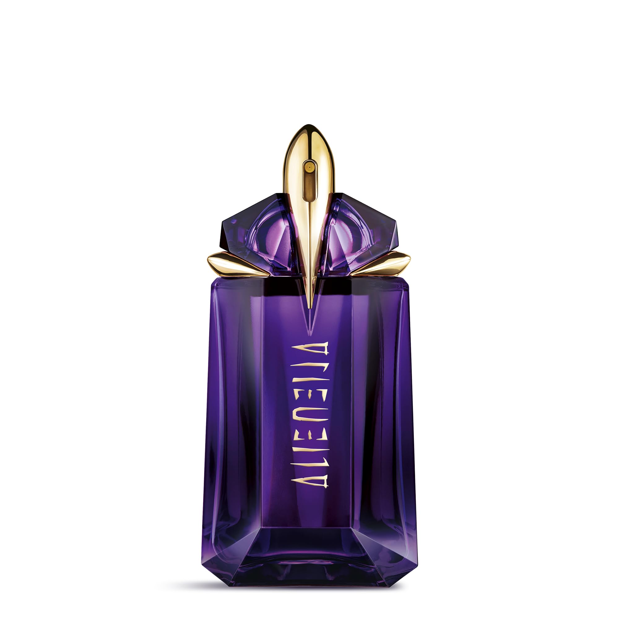 Mugler Alien bottle closeup highlights luminous jasmine notes for confident daytime wear.